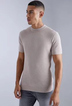Ribbed Short Sleeve Extended Neck Knitted T-shirt Taupe