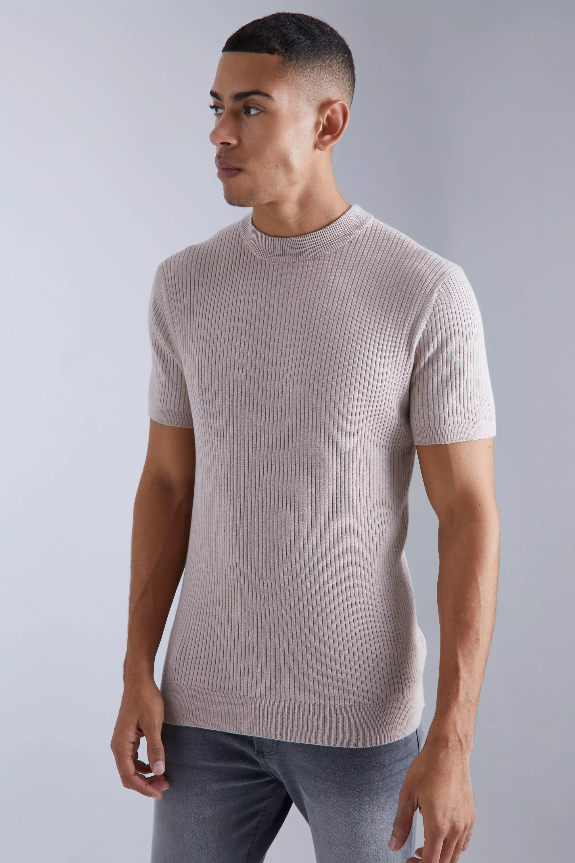 Ribbed Short Sleeve Extended Neck Knitted T-shirt Taupe