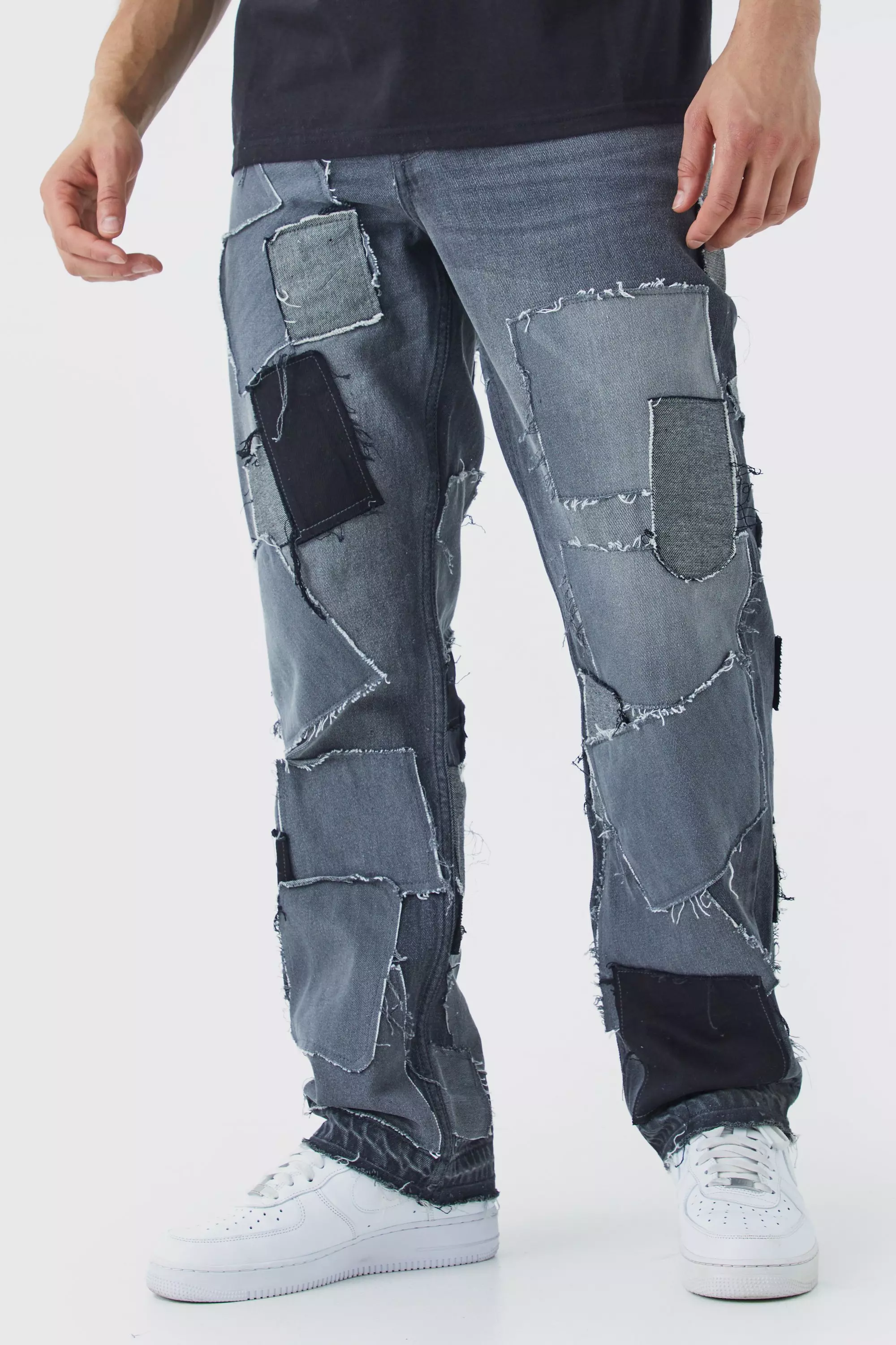 Charcoal Grey Relaxed Distressed Patchwork Jean