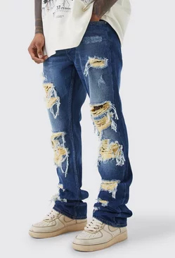 Blue Slim Rigid Flare Contrast Rip Jeans