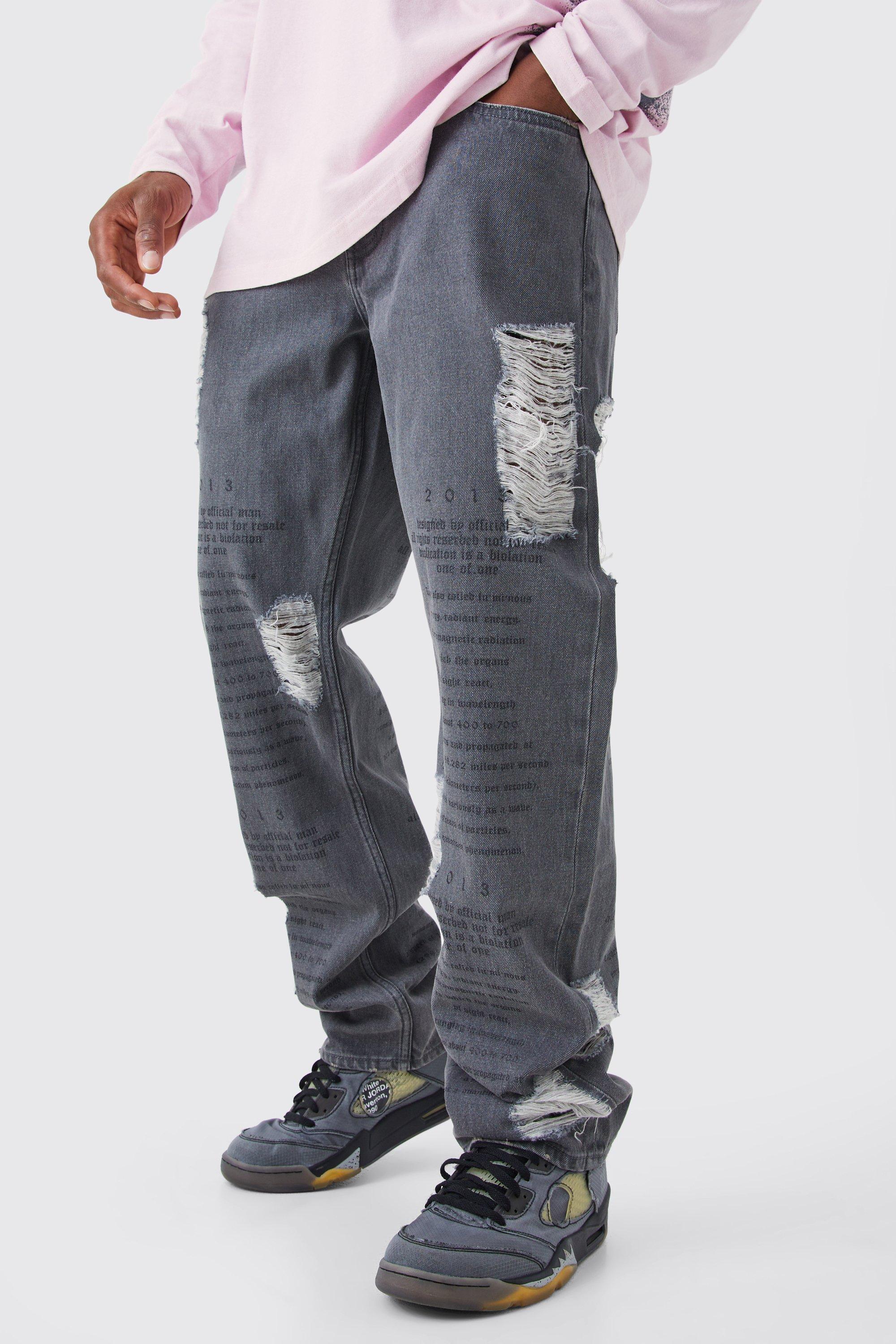 Relaxed Rigid Laser Text Distressed Jeans | boohooMAN USA