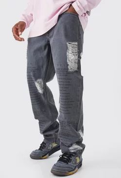 Relaxed Rigid Laser Text Distressed Jeans Grey
