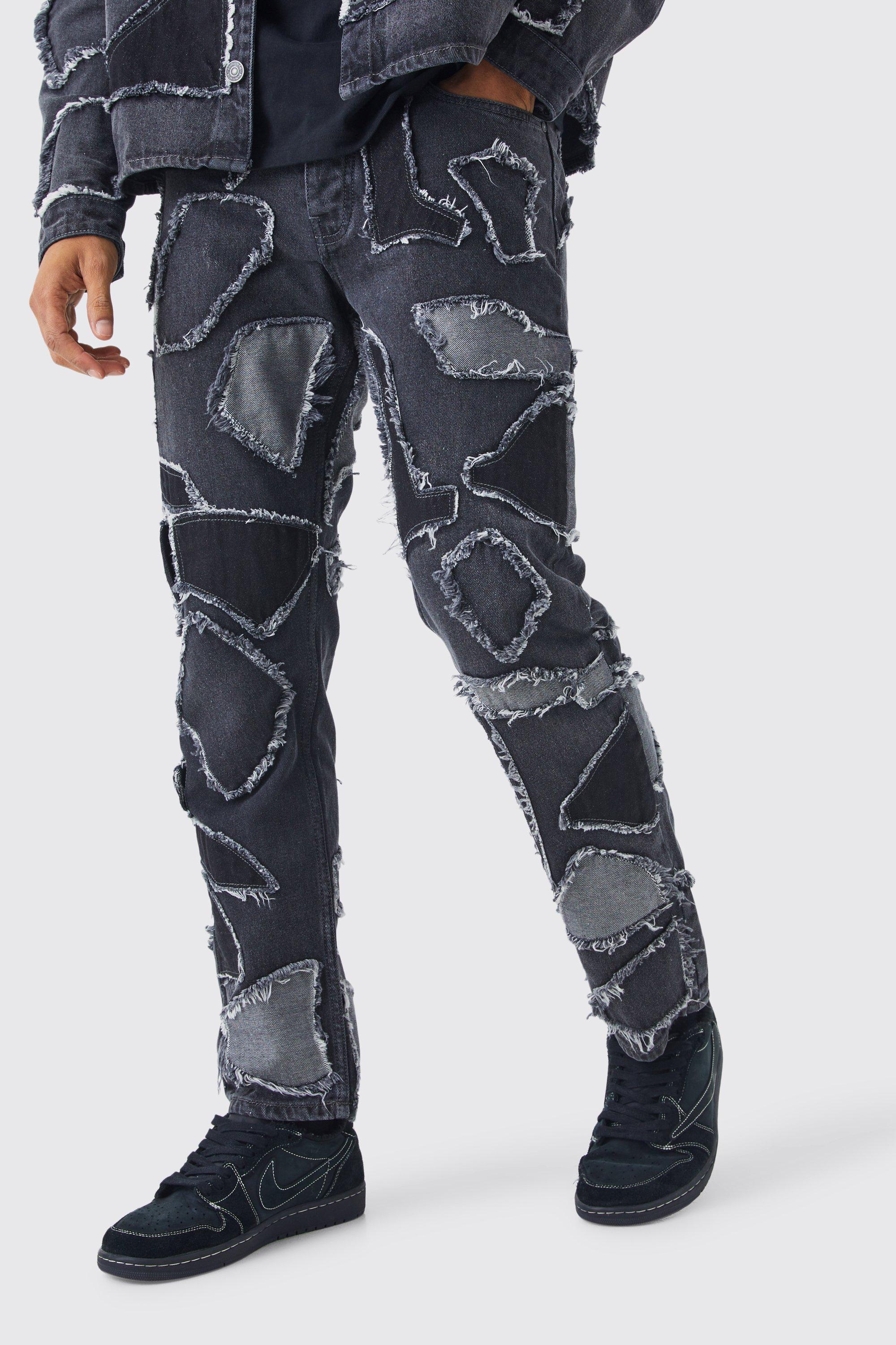 Washed black Onbewerkte Versleten Jeans Met Patches En Rechte Pijpen