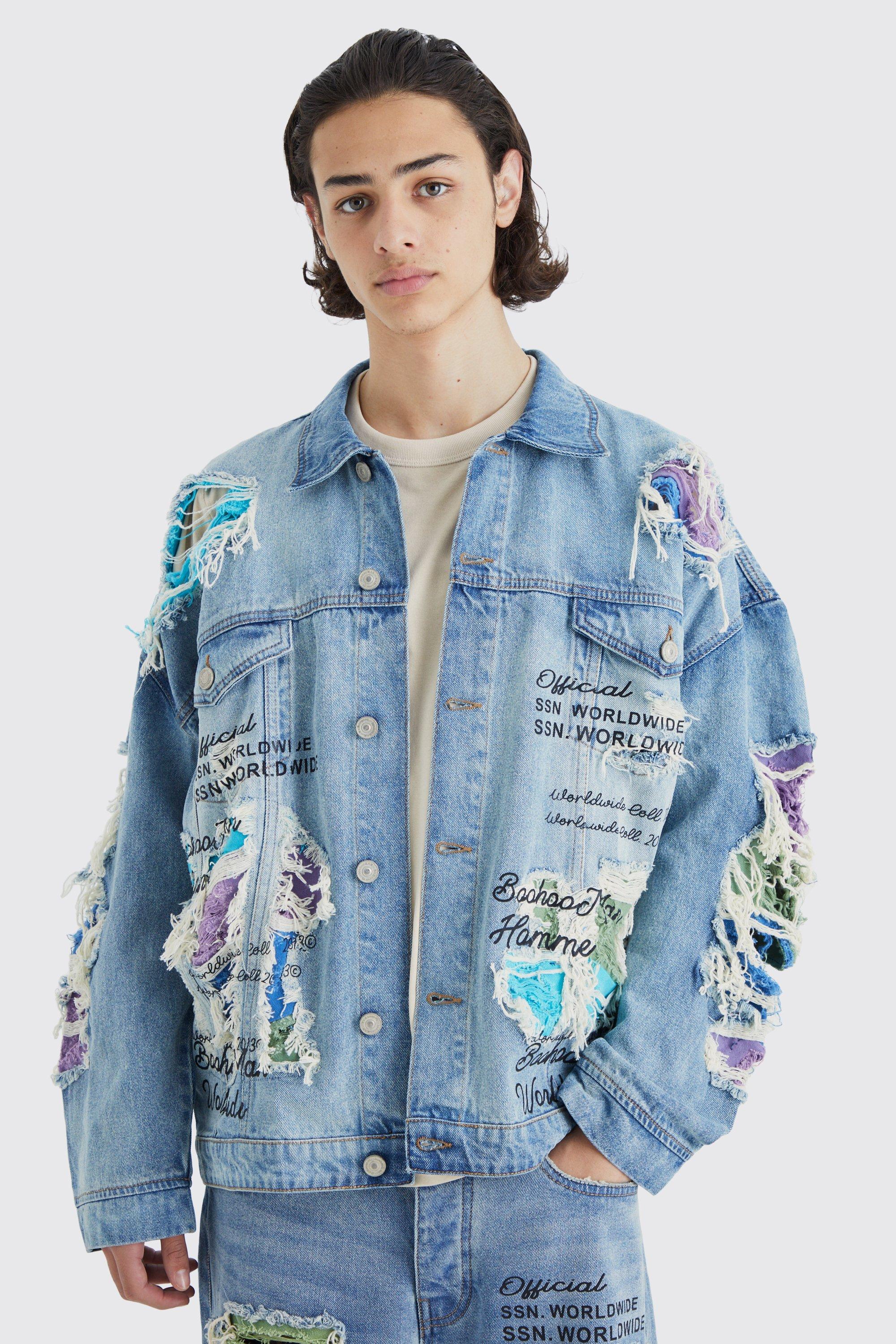 Vintage blue Oversized Contrast Rip Denim Jacket