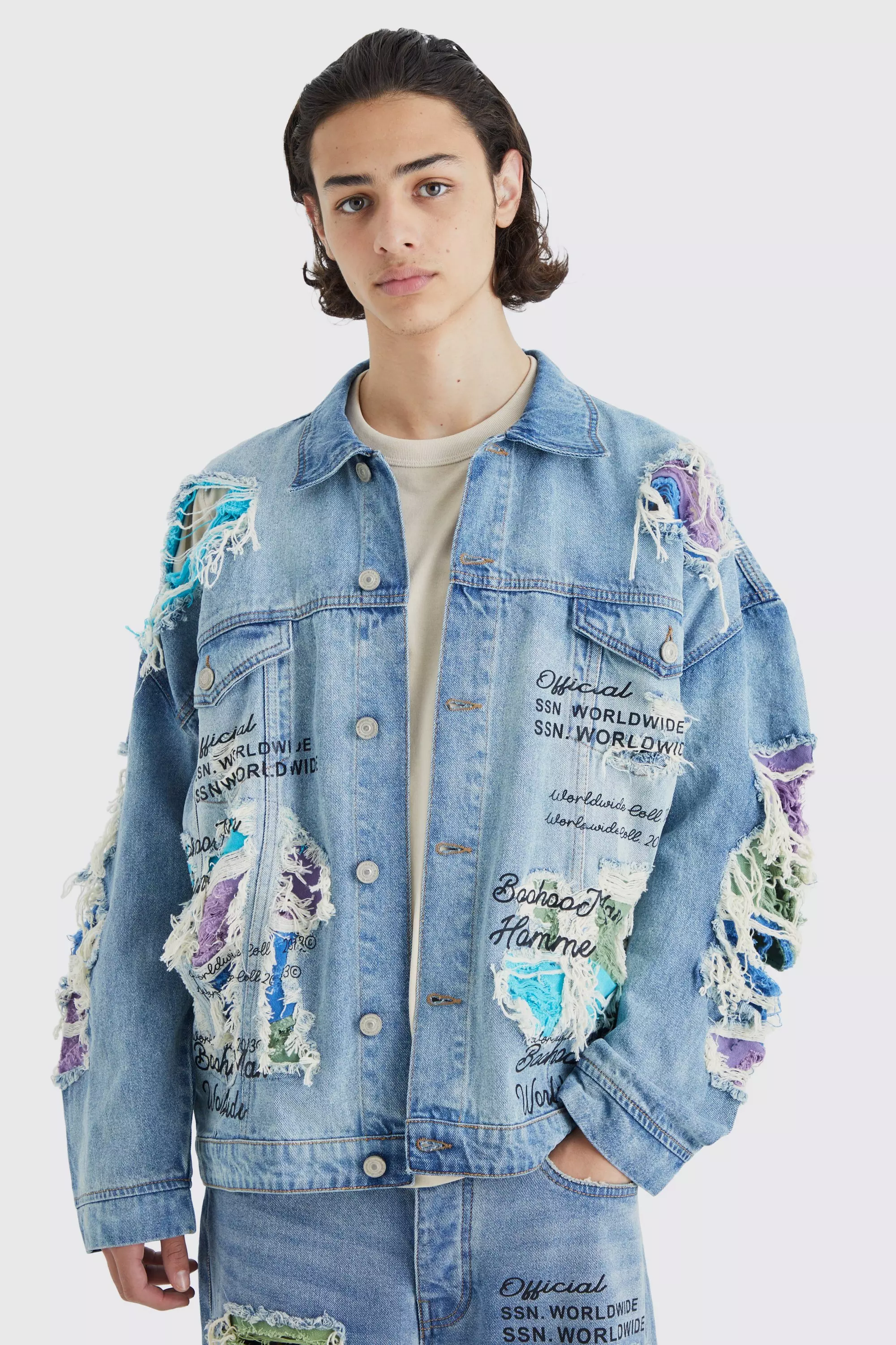 Blue Oversized Contrast Rip Jean Jackets