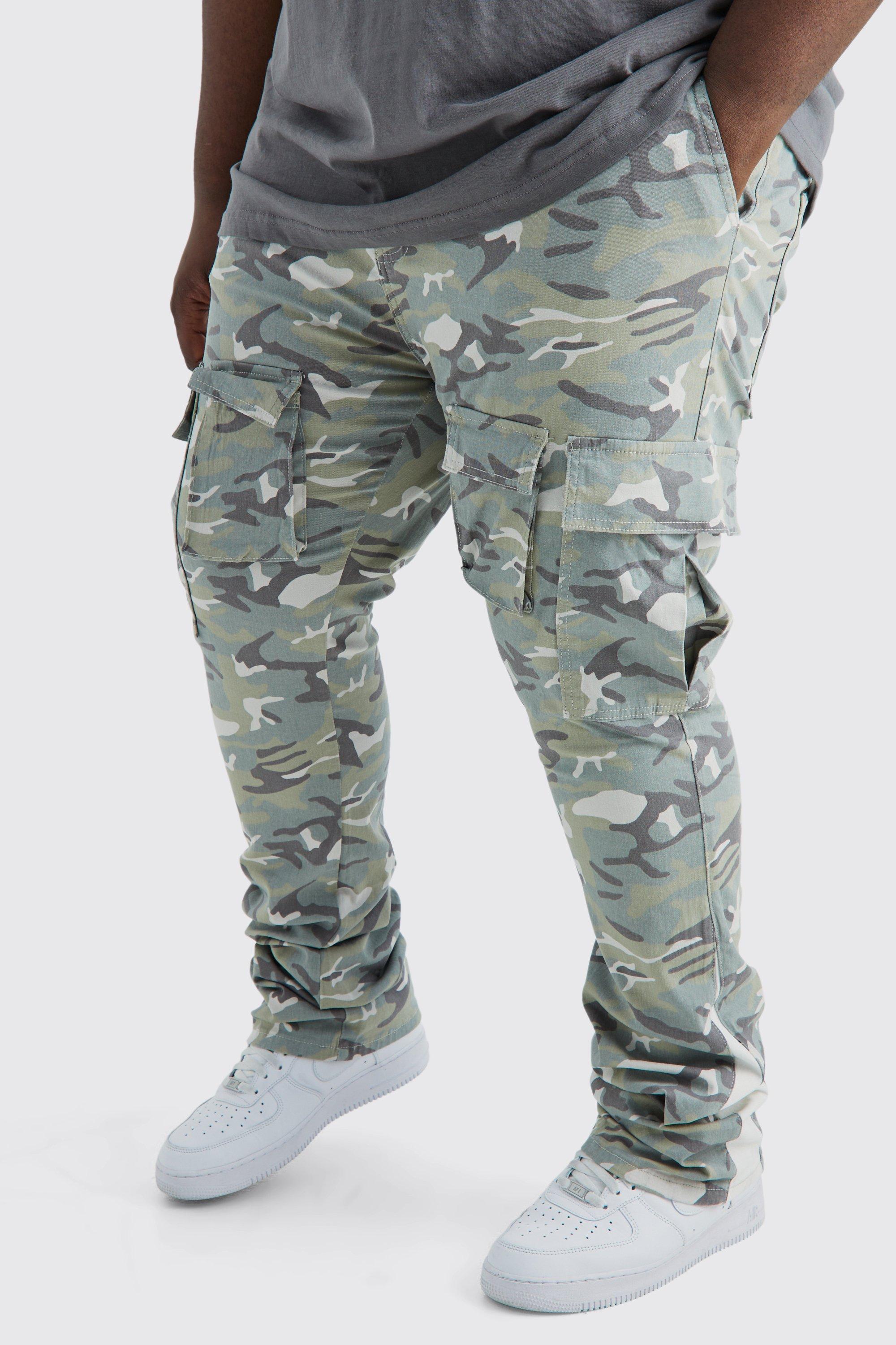 boohooMAN Men's Slim Gusset Flare Camo Cargo Pants