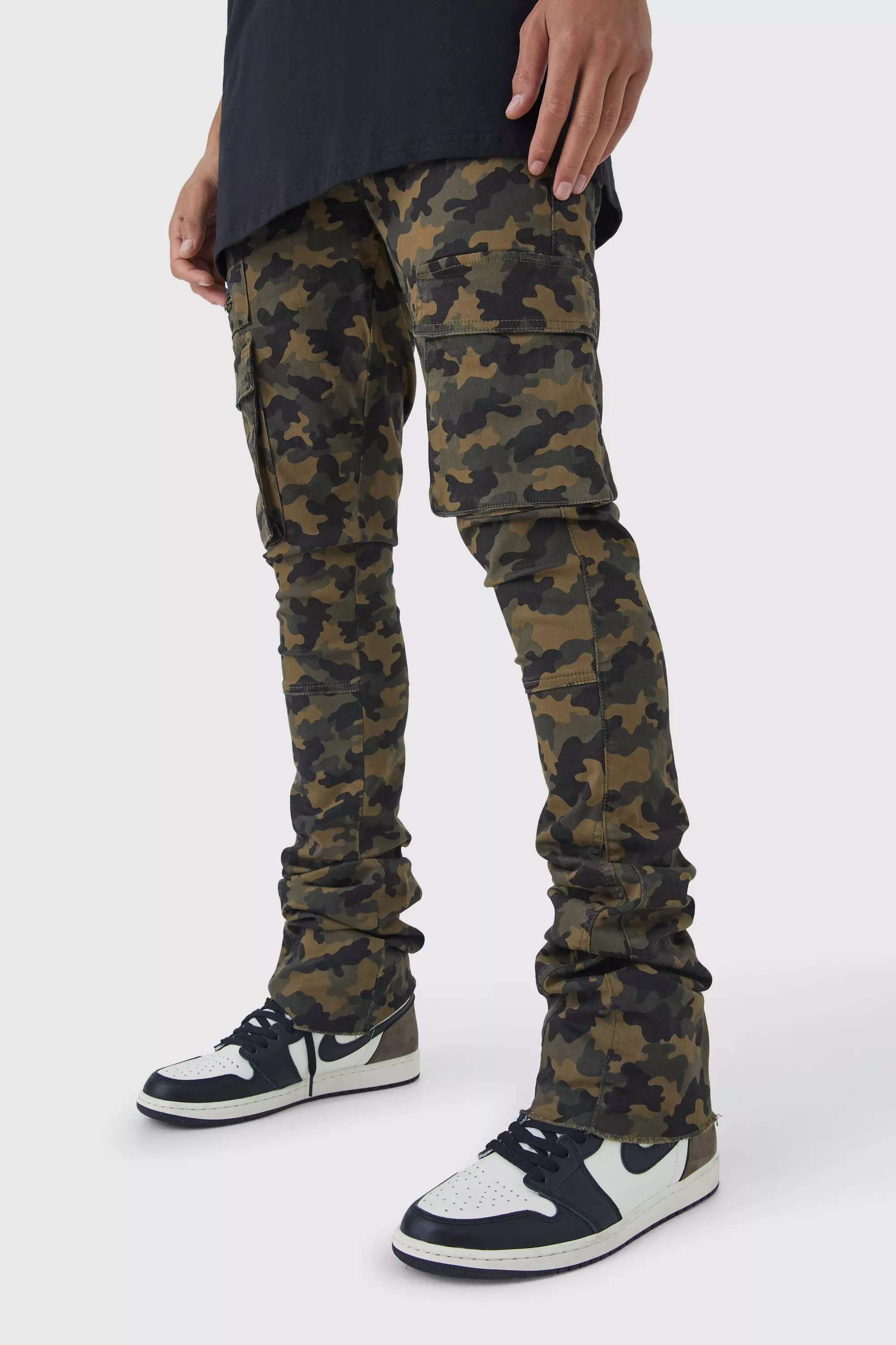 Brown Tall Skinny Stacked Flare Gusset Camo Cargo Pants