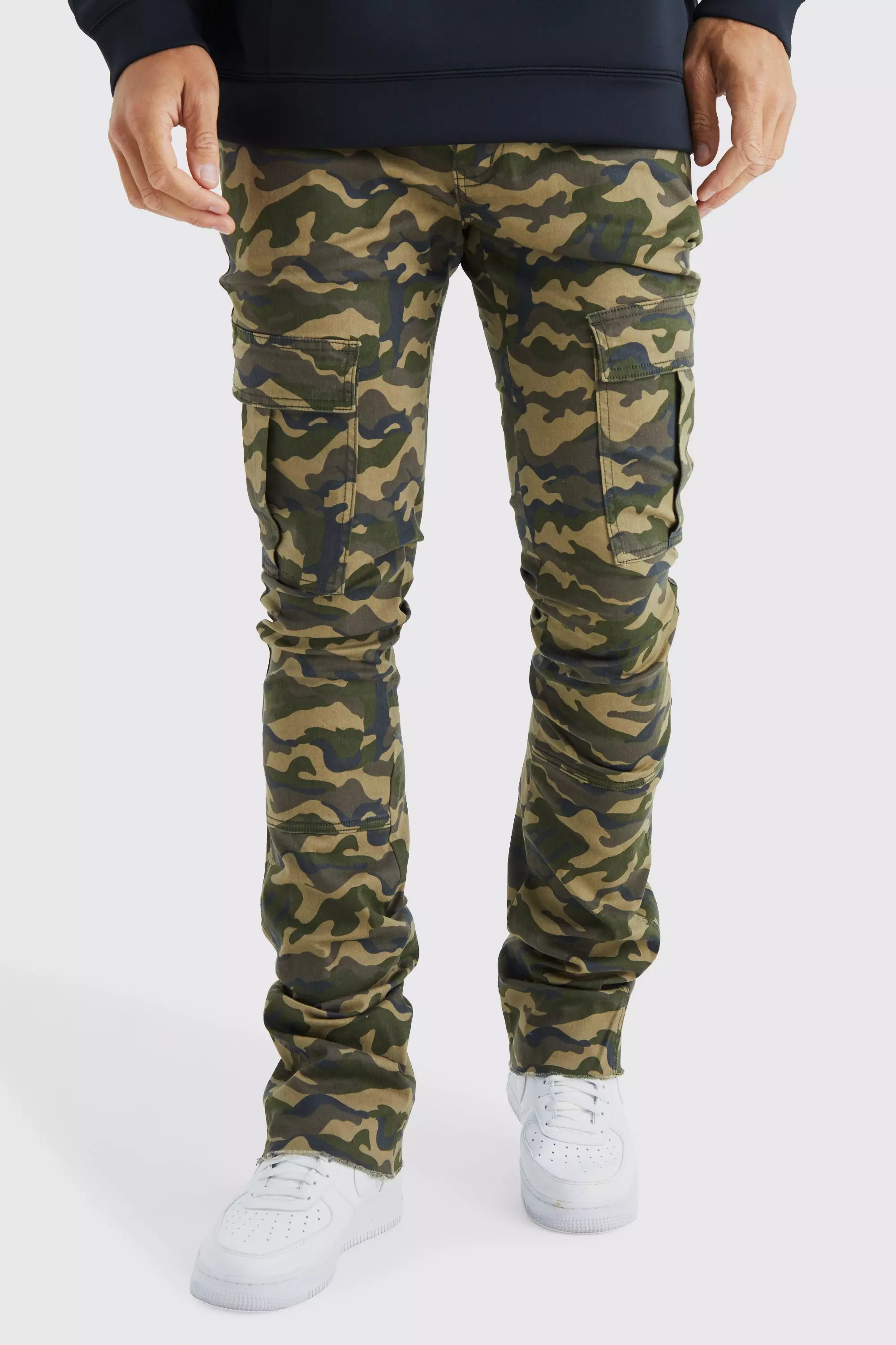 Sand Beige Tall Skinny Stacked Flare Gusset Camo Cargo Pants