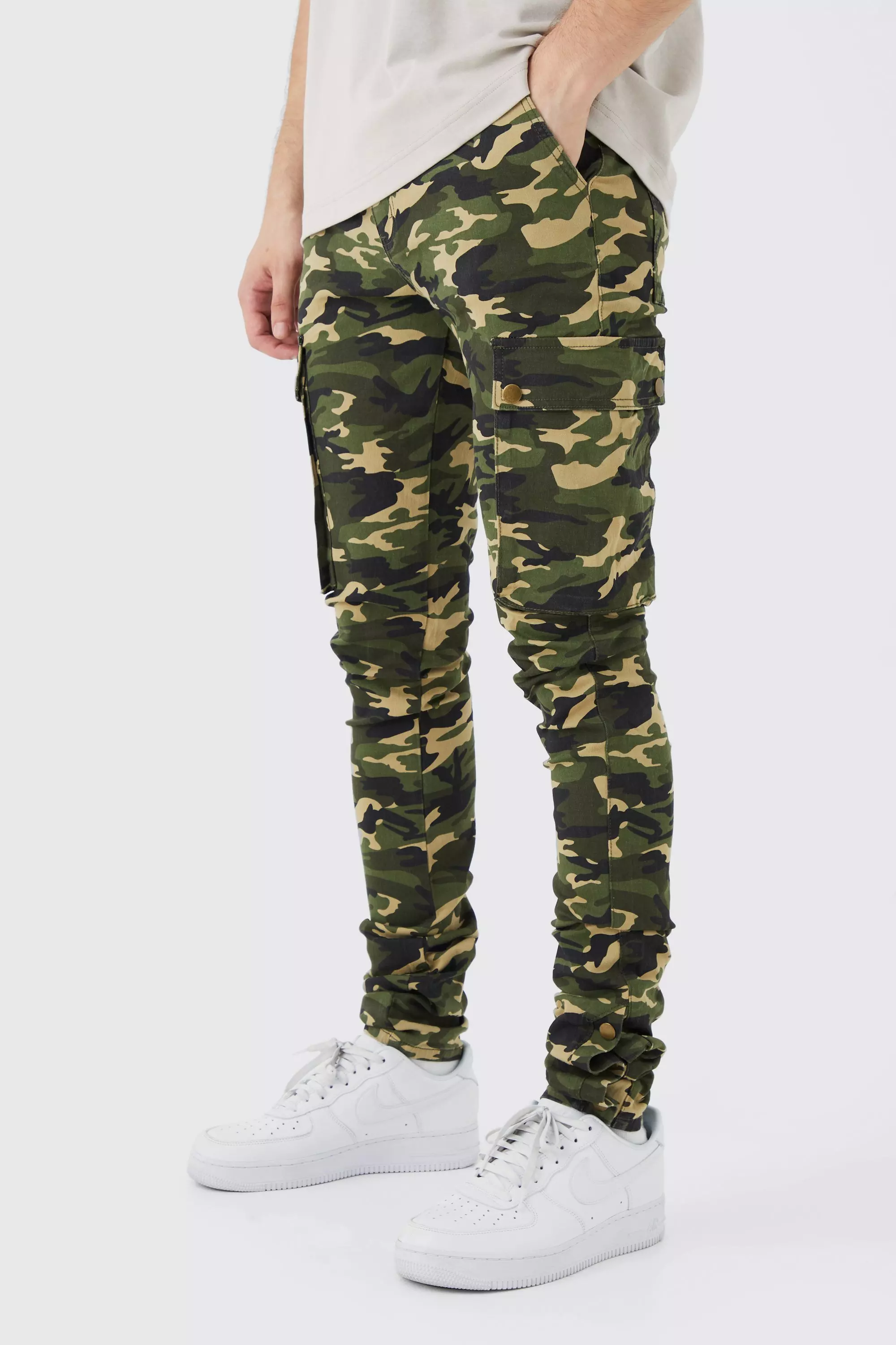 Tall Skinny Stacked Popper Hem Camo Cargo Pants Khaki