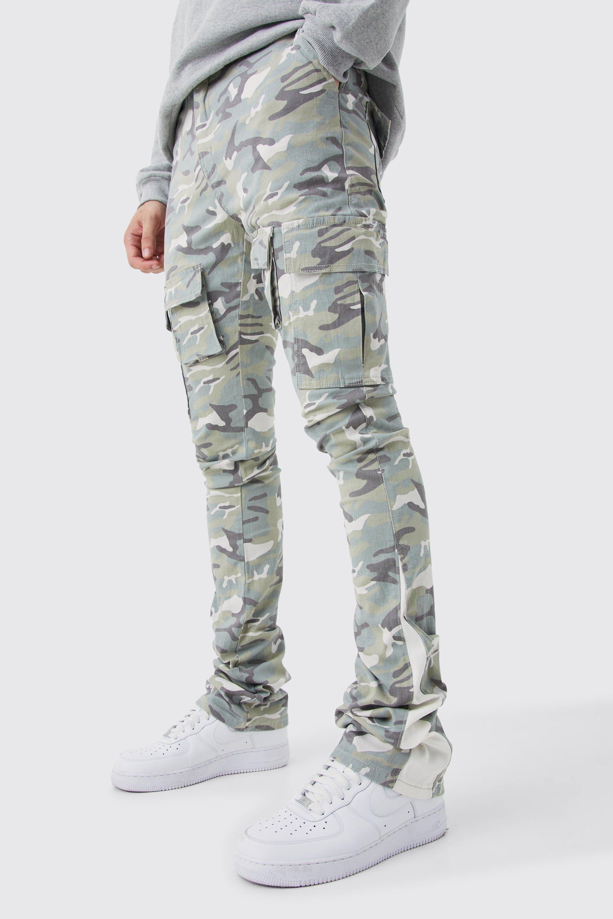 boohooMAN Men's Slim Gusset Flare Camo Cargo Pants