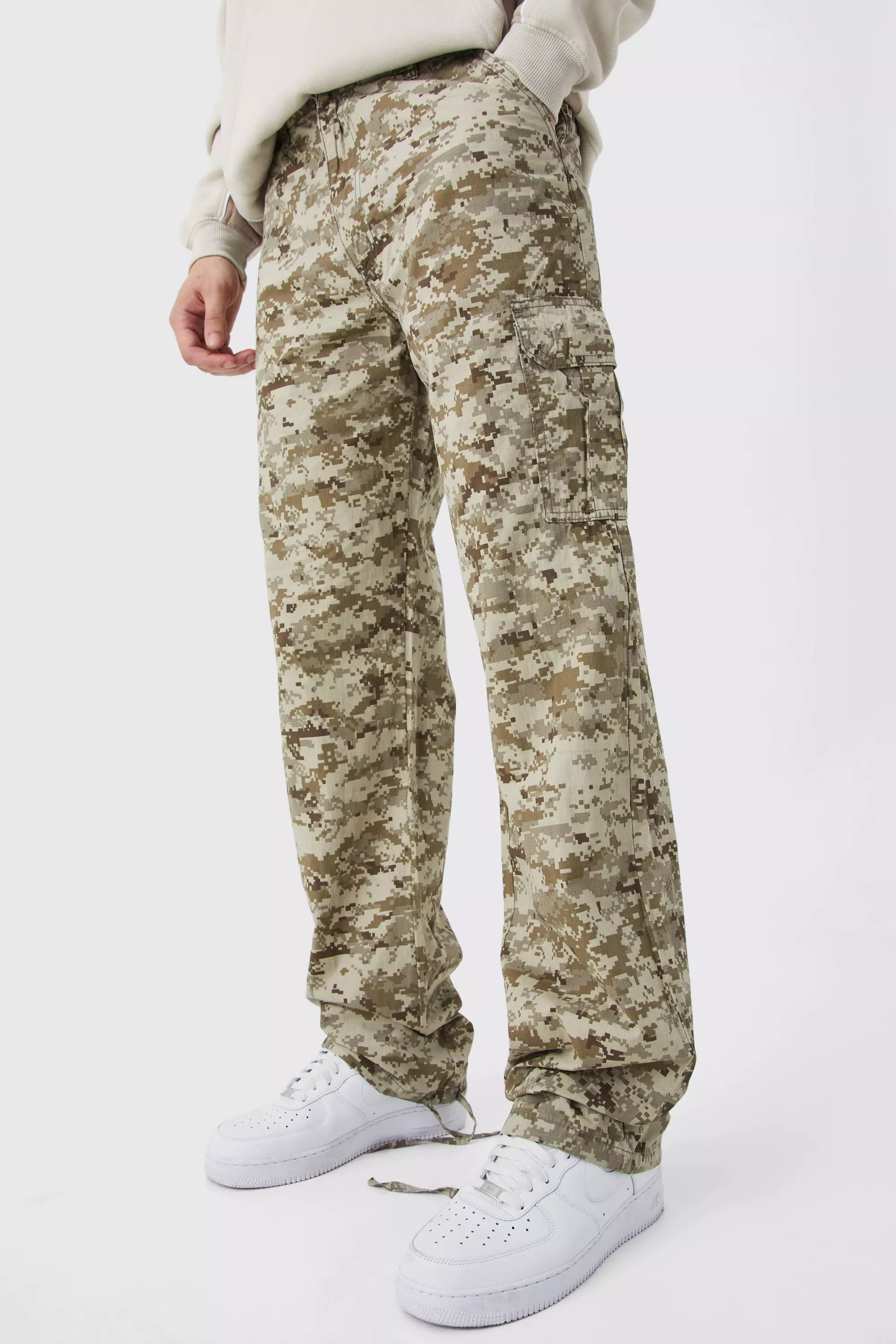 Stone Beige Tall Relaxed Tie Hem Pixilated Camo Cargo Pants