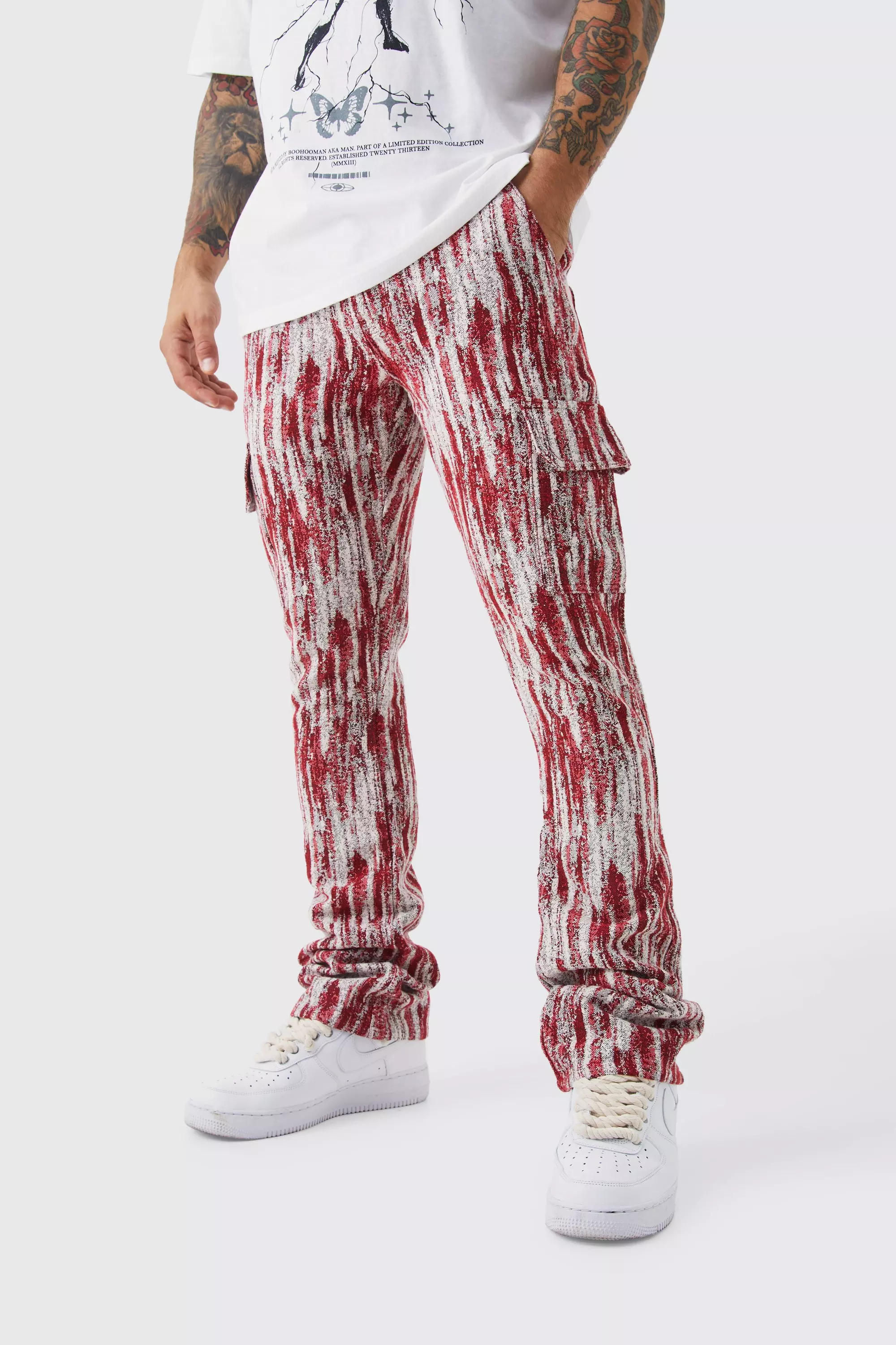 Red Slim Flare Tapestry Cargo Pants