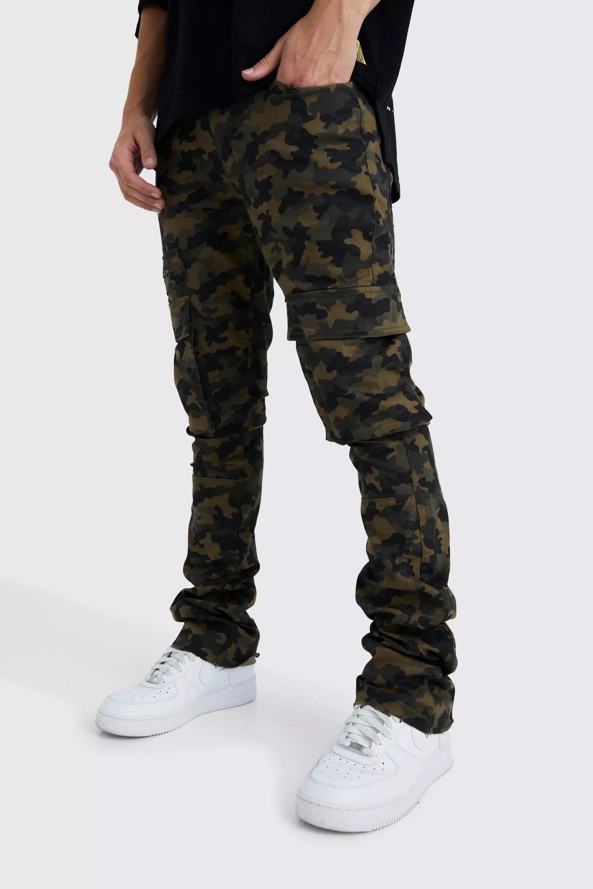 Brown Skinny Stacked Flare Gusset Camo Cargo Trouser