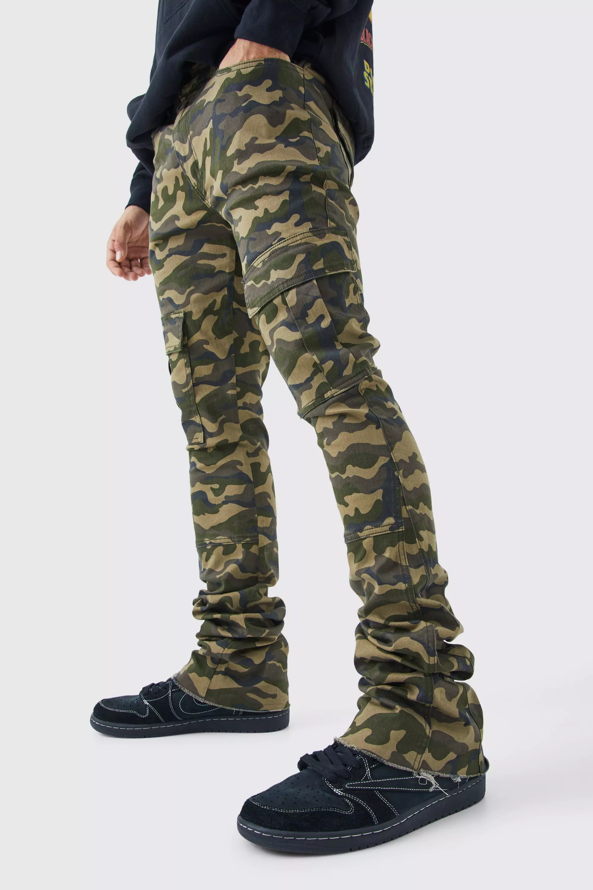 Sand Beige Skinny Stacked Flare Gusset Camo Cargo Pants