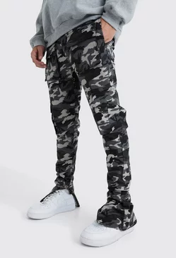 Charcoal Grey Skinny Stacked Multi Cargo Camo Pants