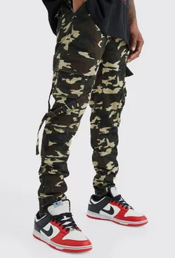 Skinny Fit Strap Detail Camo Cargo Pants Sand