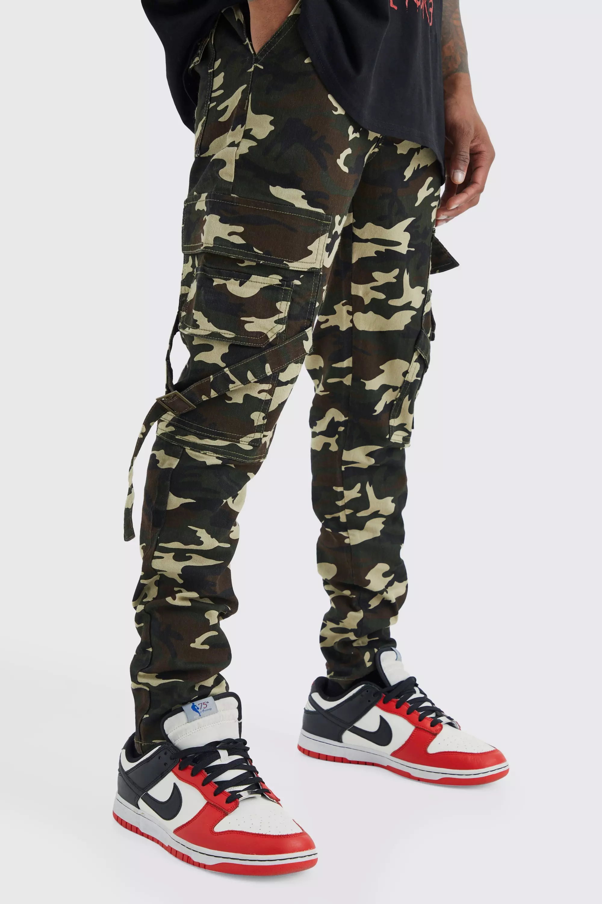 Skinny Fit Strap Detail Camo Cargo Pants Sand