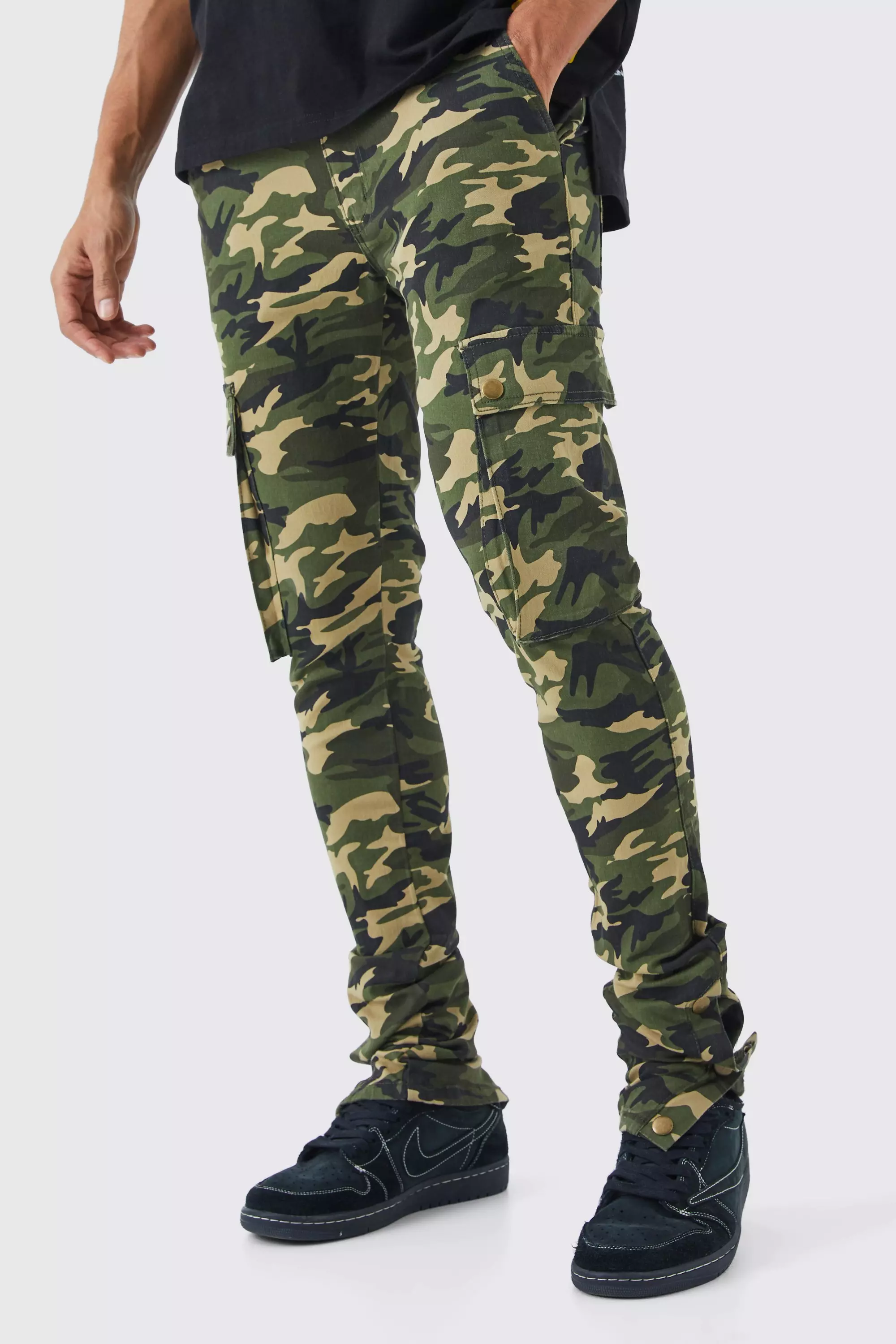 Khaki Skinny Stacked Popper Hem Camo Cargo Pants