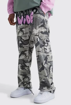 Relaxed Crotch Print Tie Hem Camo Cargo Pants Charcoal