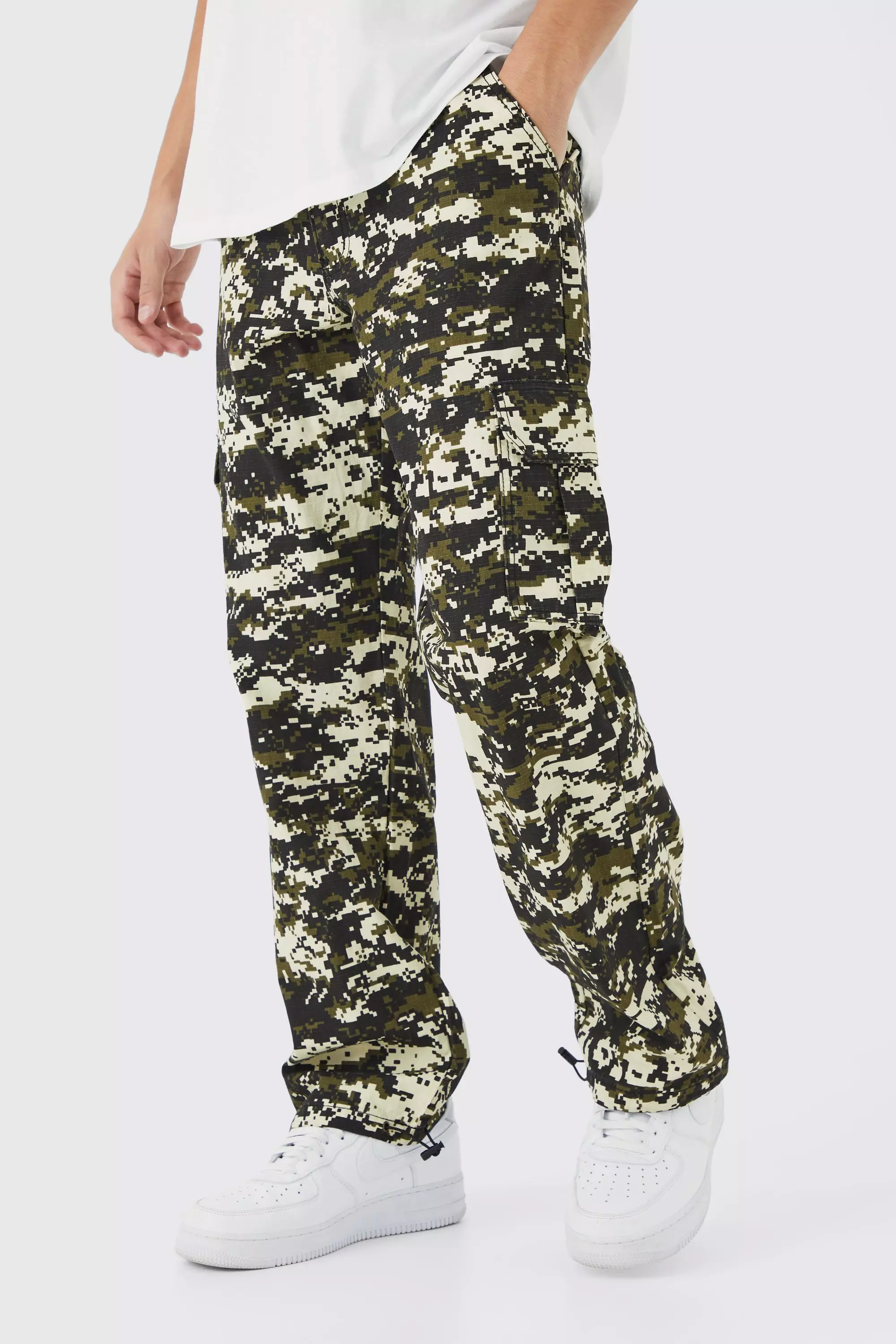 Sand Beige Relaxed Hem Detail Pixilated Camo Cargo Pants