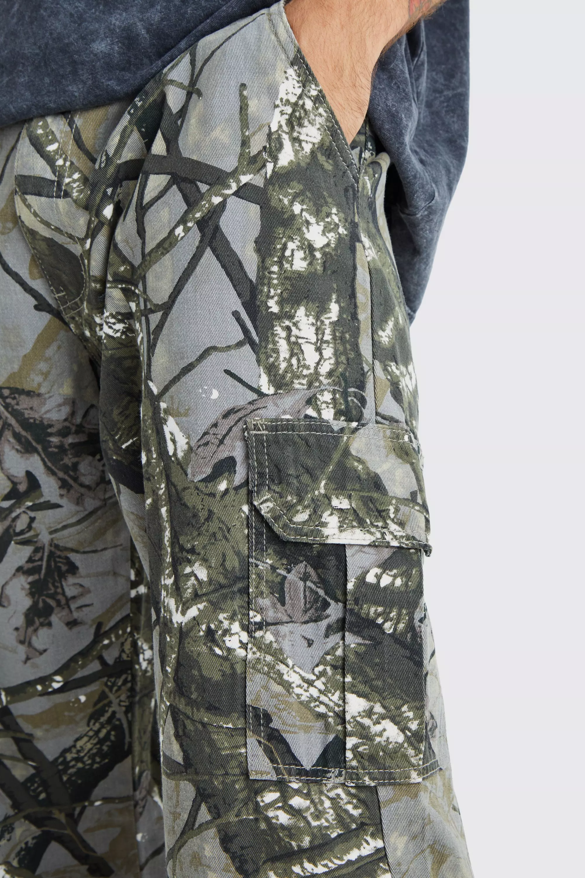 Relaxed Hem Detail Forrest Camo Cargo Trouser | boohooMAN USA