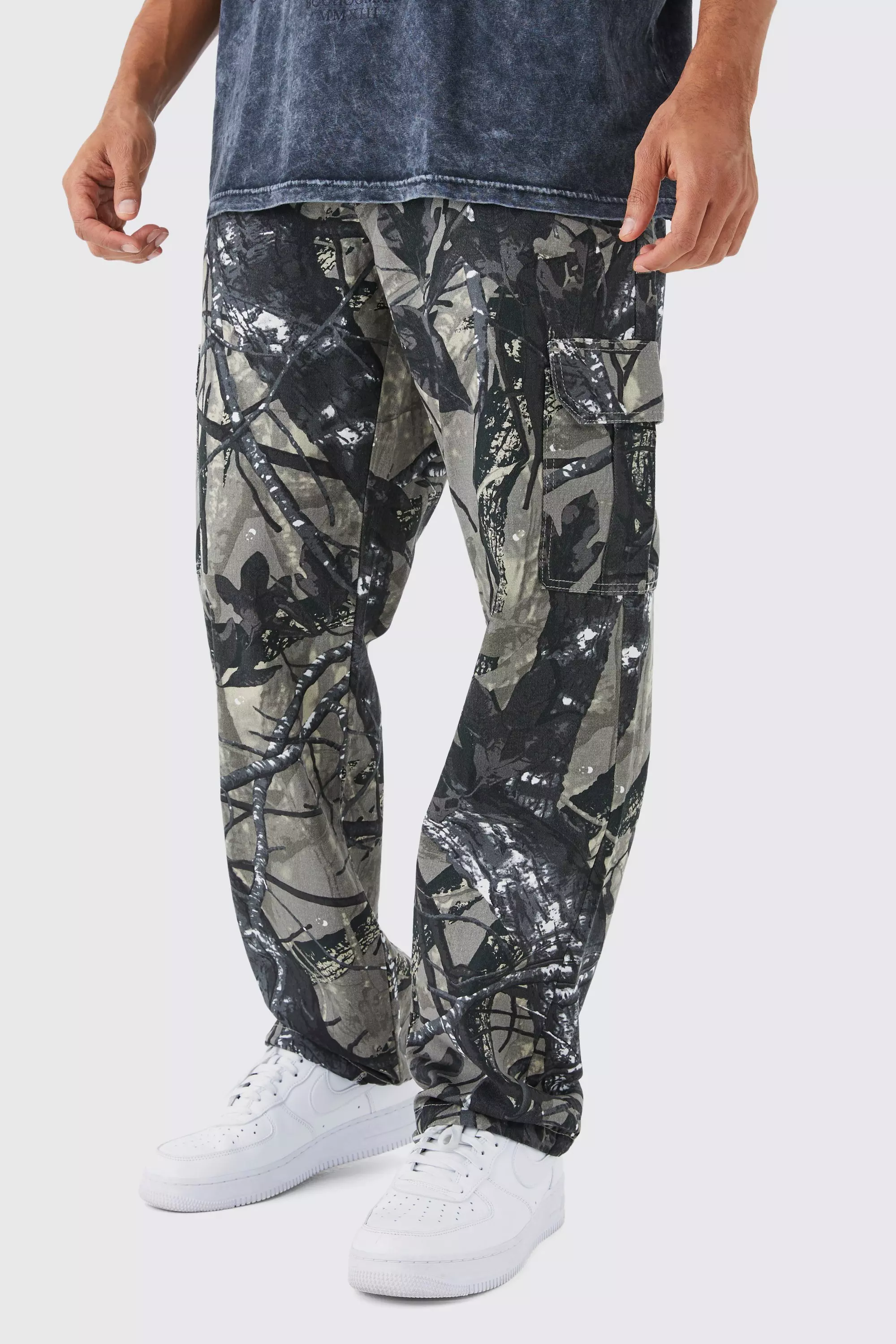 Charcoal Grey Relaxed Tie Hem Forrest Camo Cargo Trouser