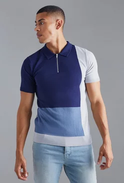 Navy Muscle Fit Colour Block Polo