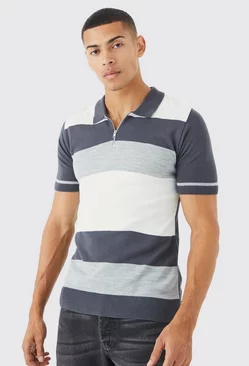 Grey Muscle Fit Colour Block Stripe Polo