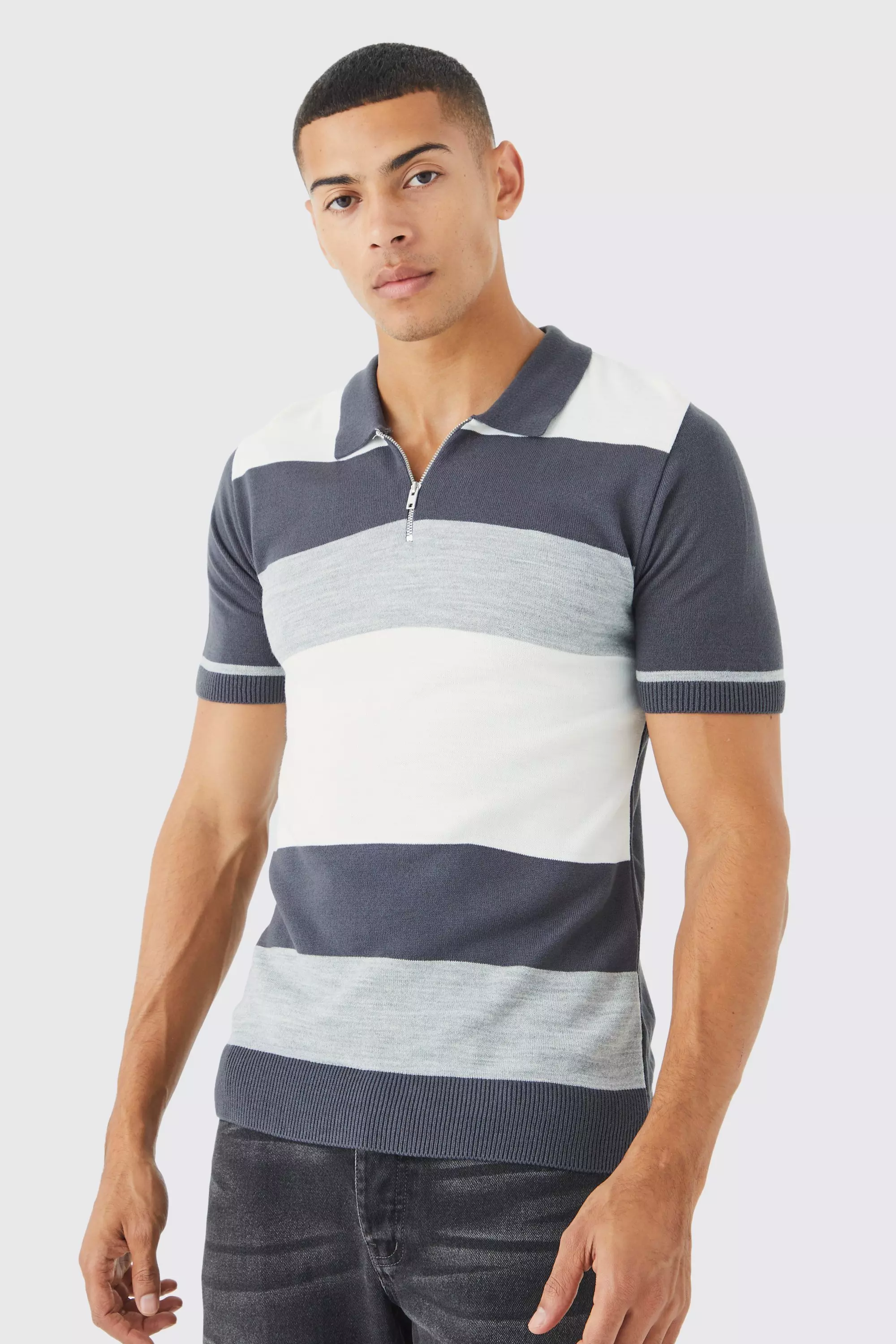 Muscle Fit Colour Block Stripe Polo Grey