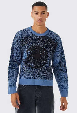 Blue Boxy Drop Shoulder Eye Graphic Knitted Sweater