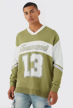 Khaki Oversized V Neck Football Knitted Sweatshirt