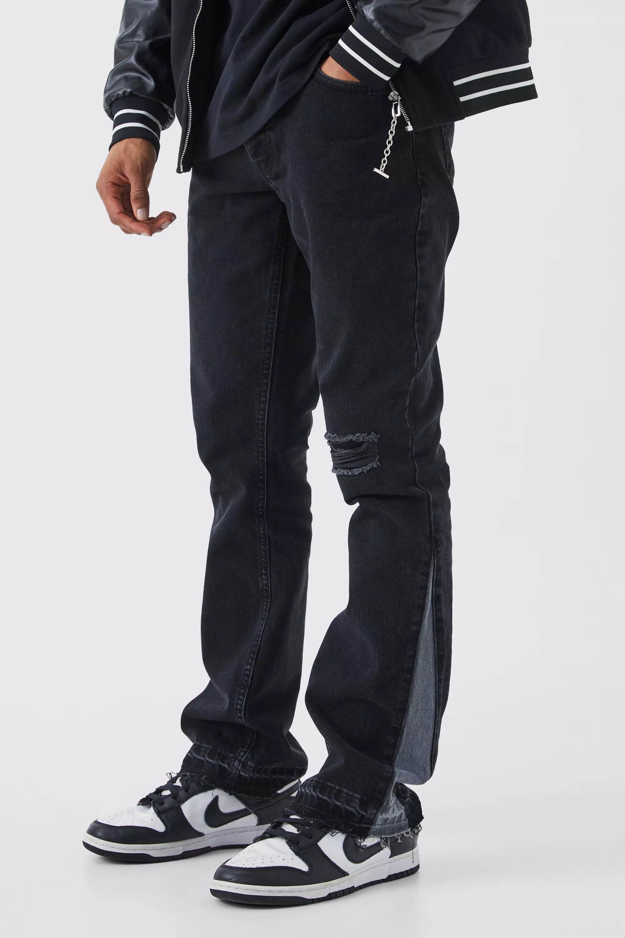 Black Slim Rigid Flare Contrast Gusset Rip Jeans