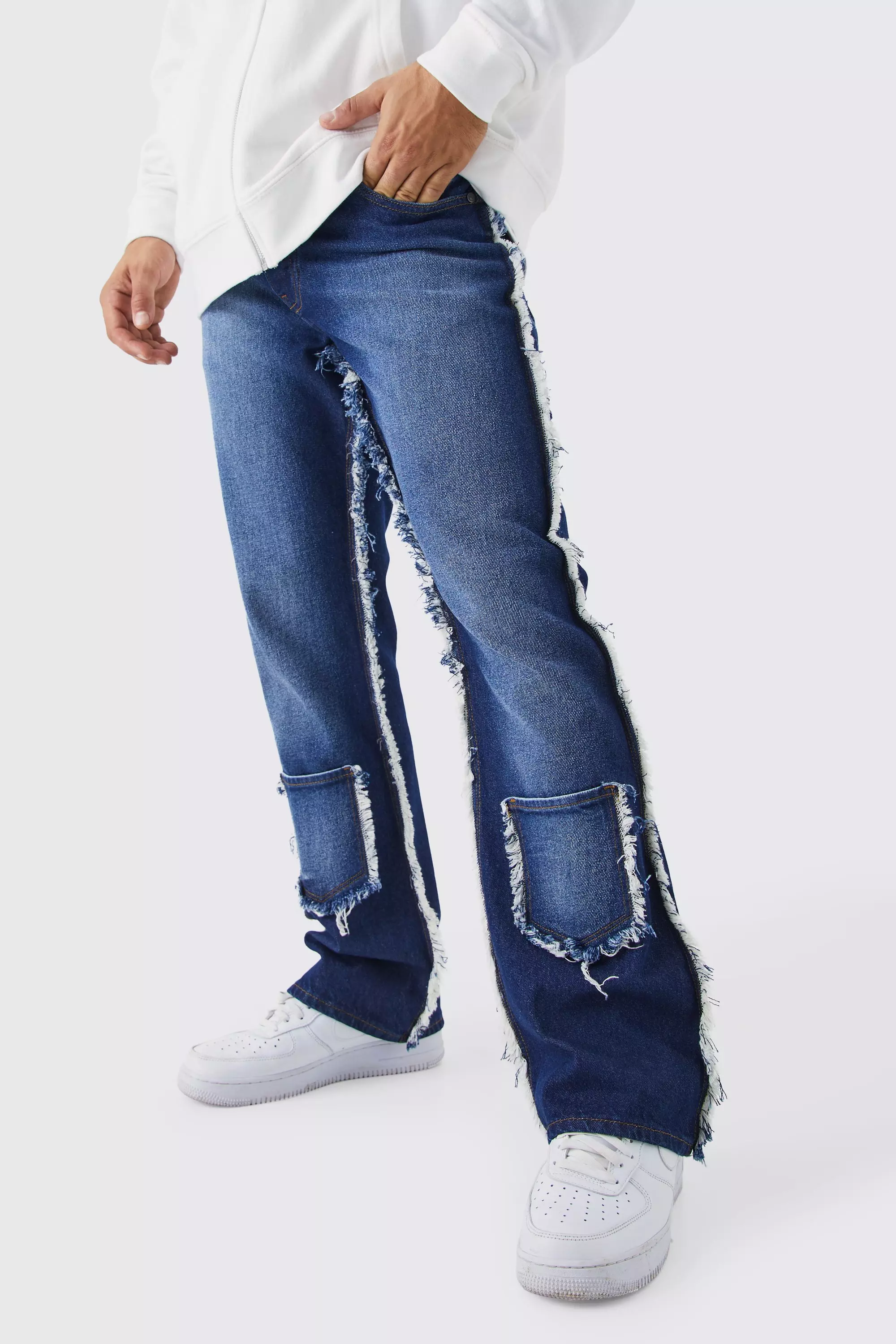 Relaxed Rigid Flare Frayed Seam Jeans Indigo