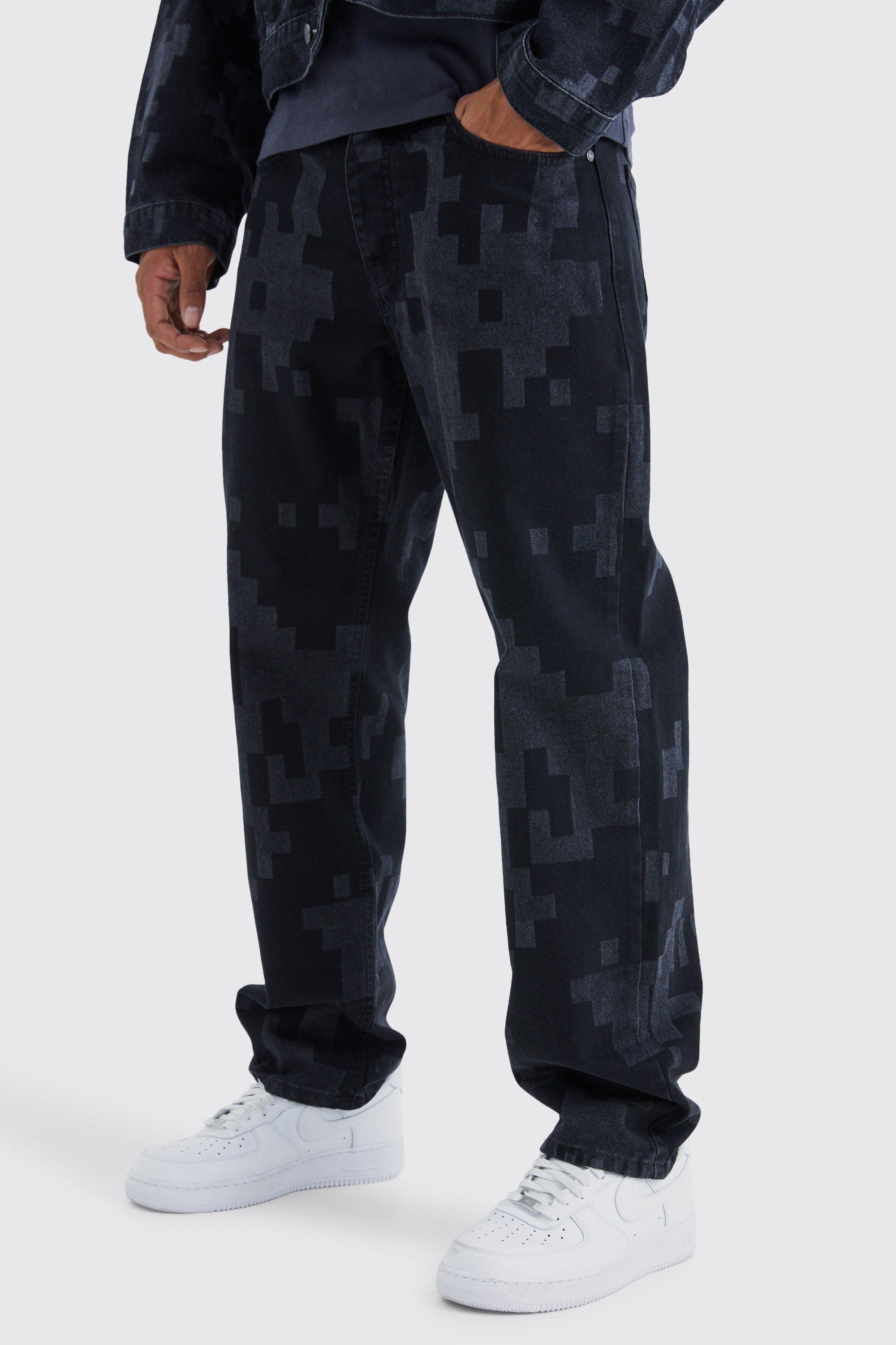 Lockere Camouflage Jeans mit Laser-Print, Washed black