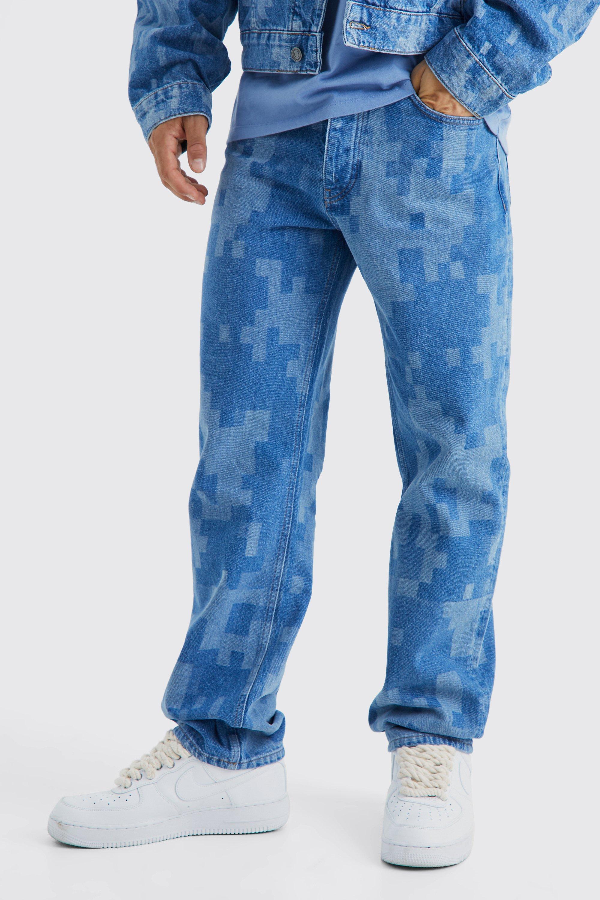 Jeans Rilassati In Denim Rigido Con Stampa In Fantasia Militare Al Laser, Mid blue
