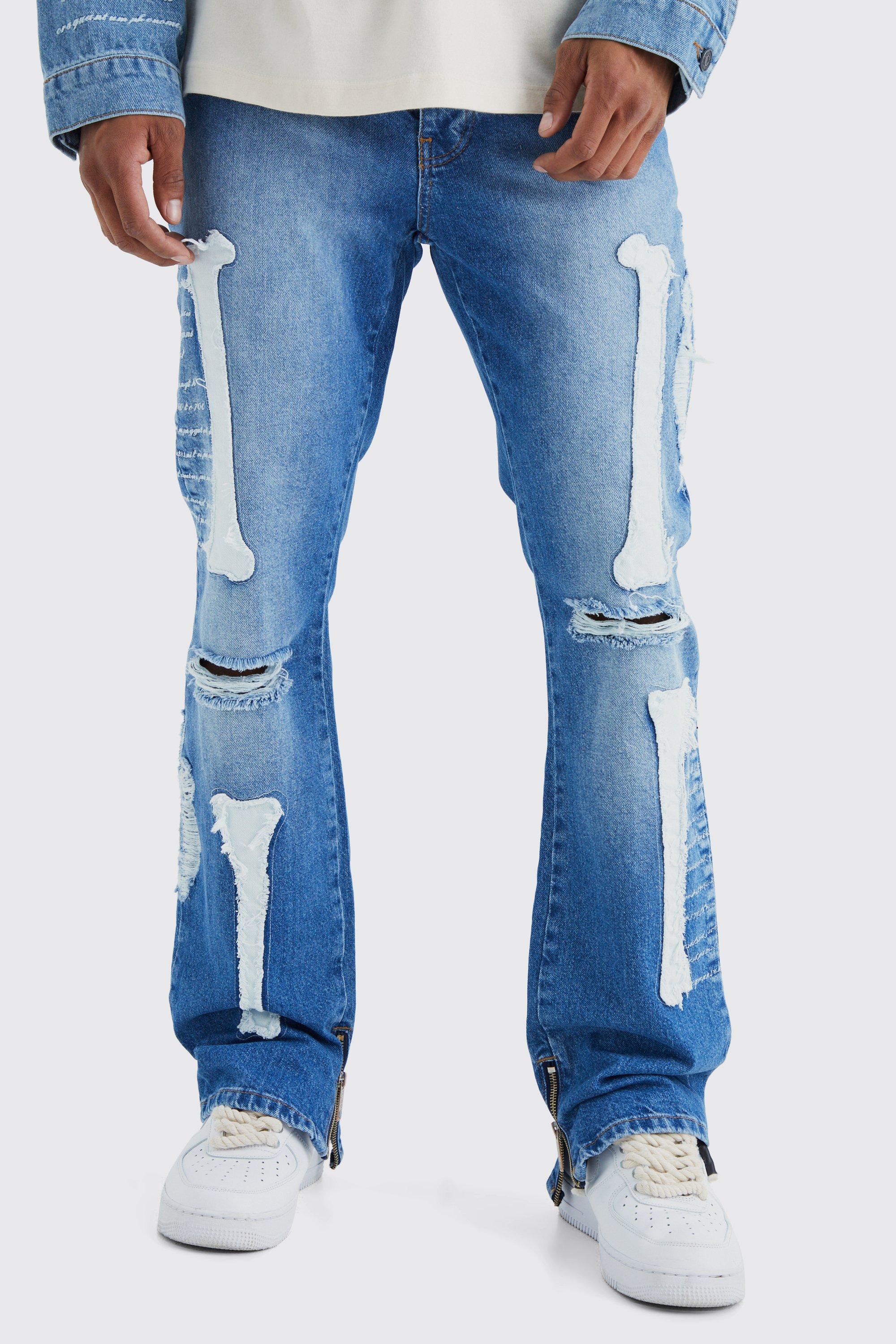 Slim-Fit Schlagjeans mit Skelett-Applikation, Mid blue