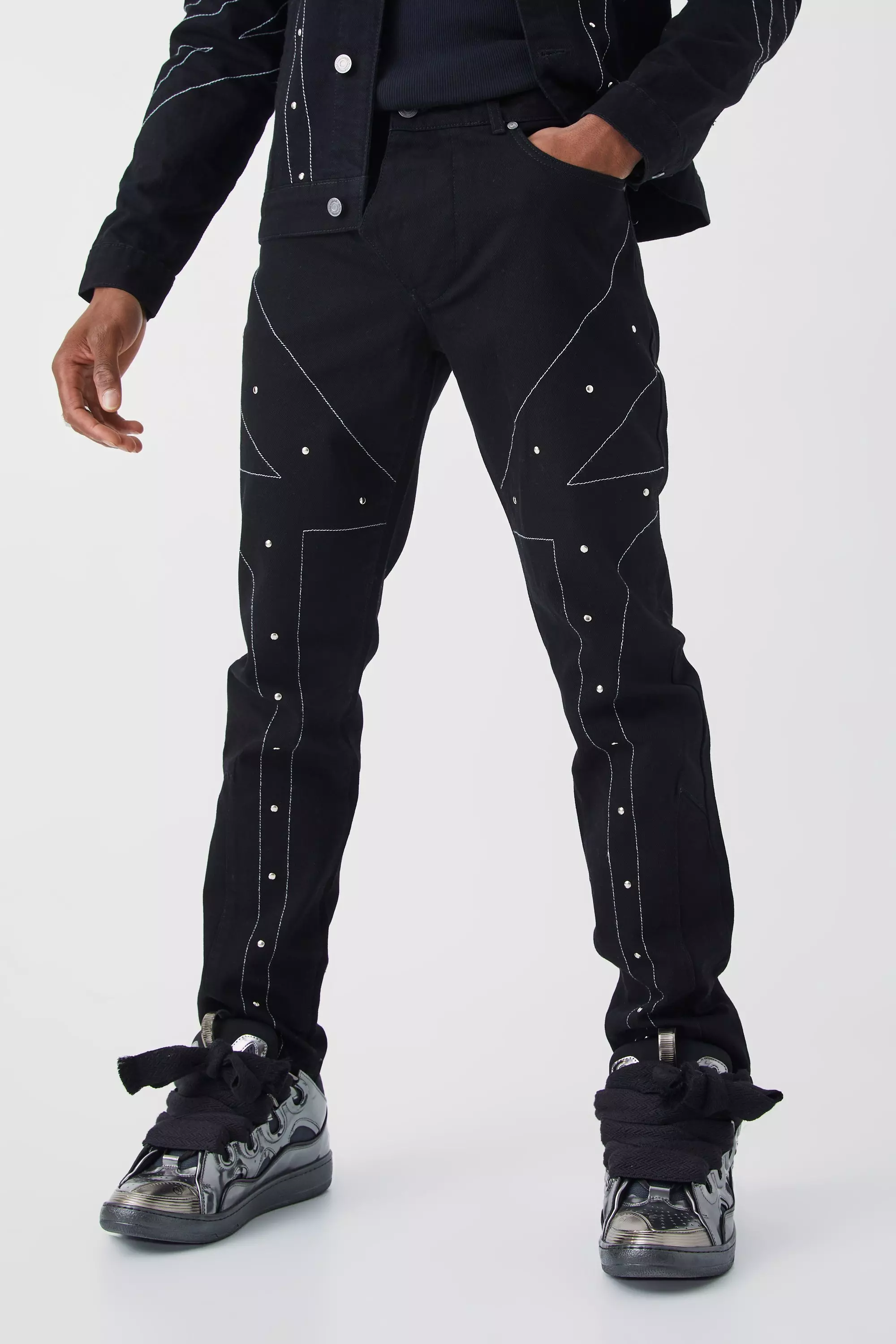 True black Slim Rigid Contrast Stitch Studded Jean alternative image
