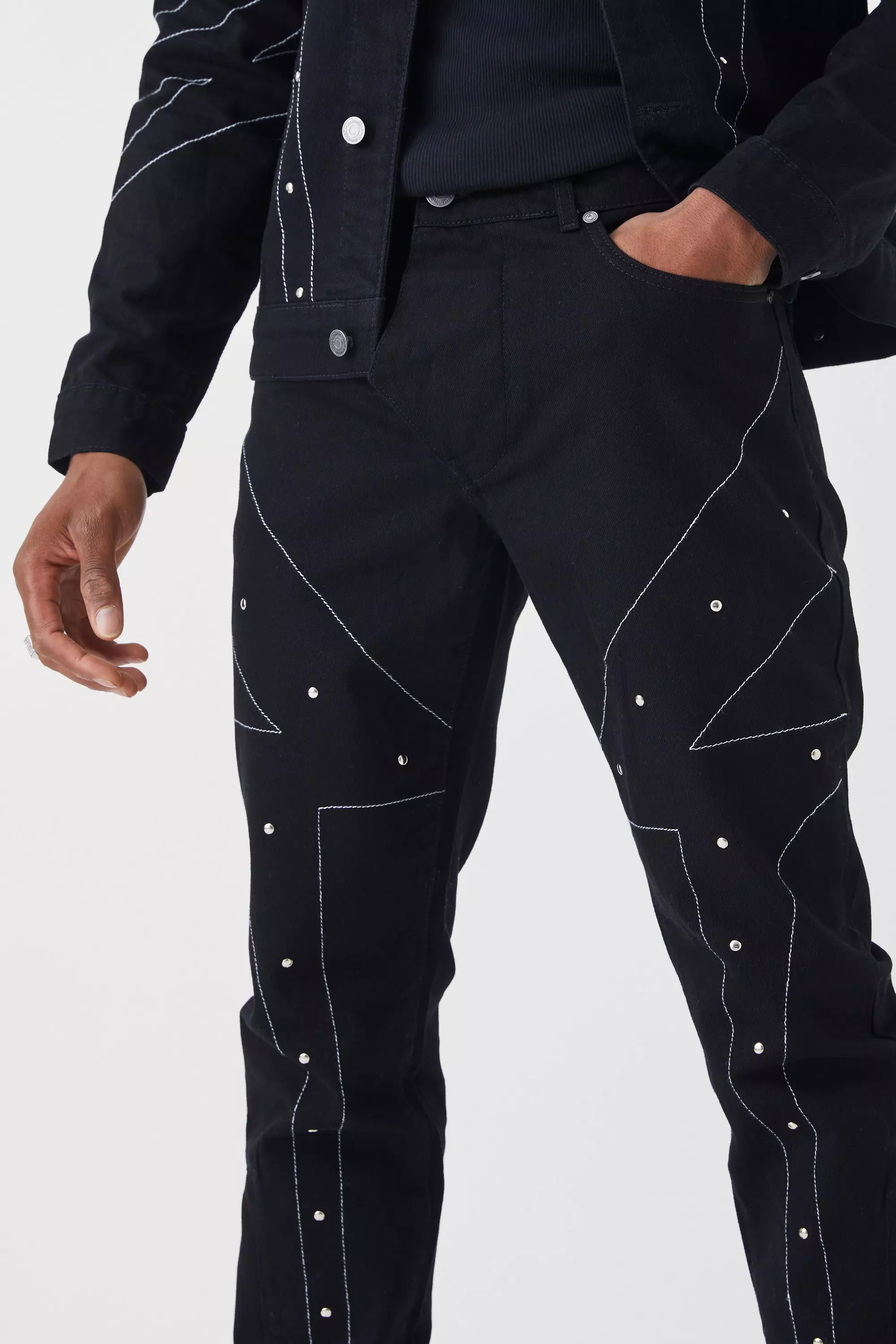 True black Slim Rigid Contrast Stitch Studded Jean alternative image