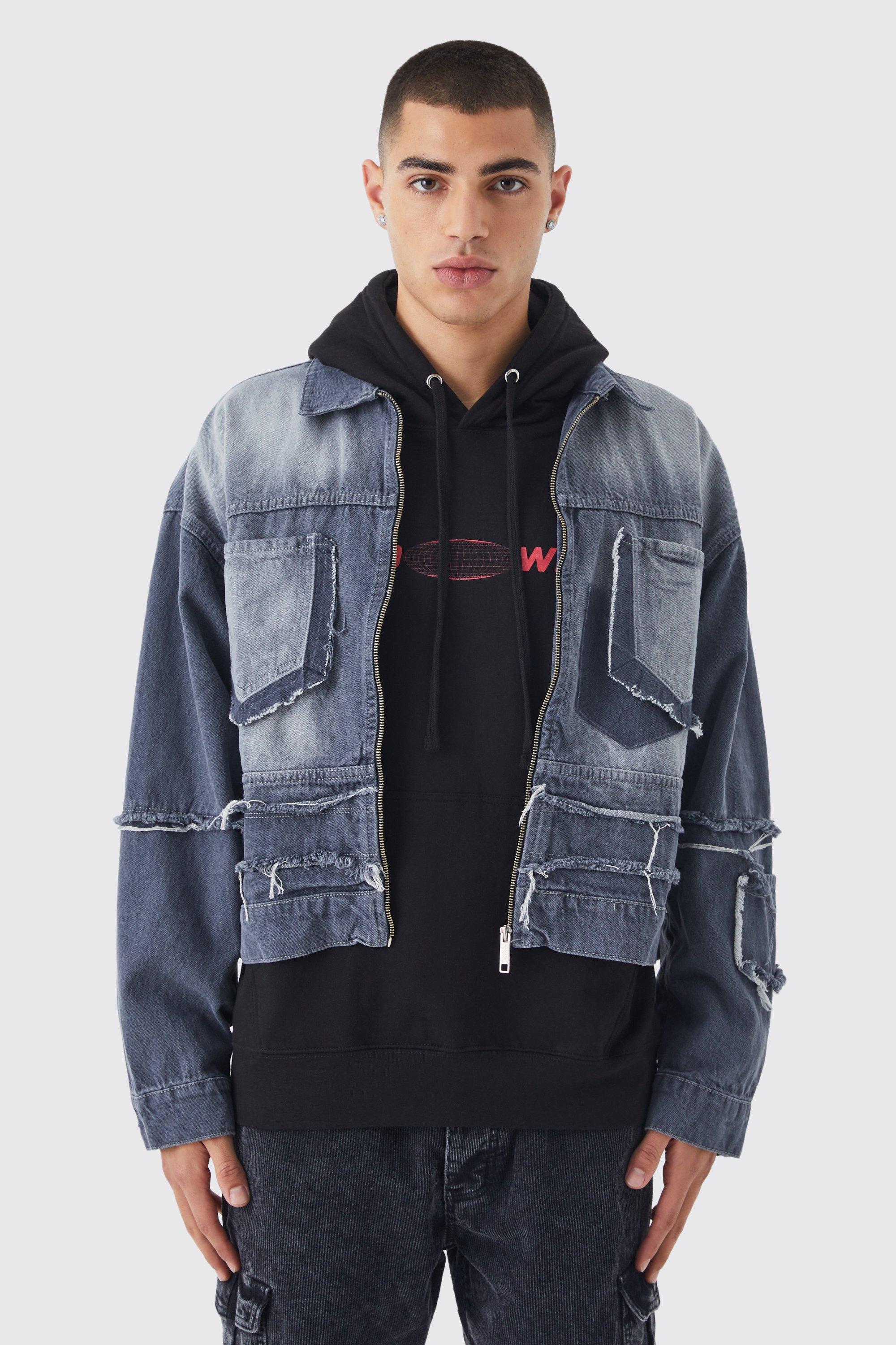 Kastige Jeansjacke mit ausgefranstem Saum, Dark grey