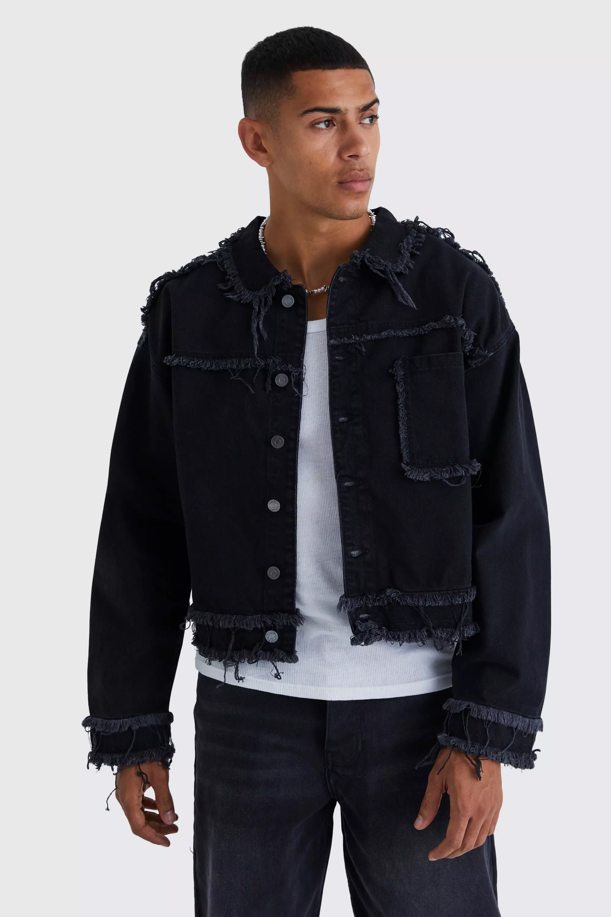 Distressed denim deals black jacket