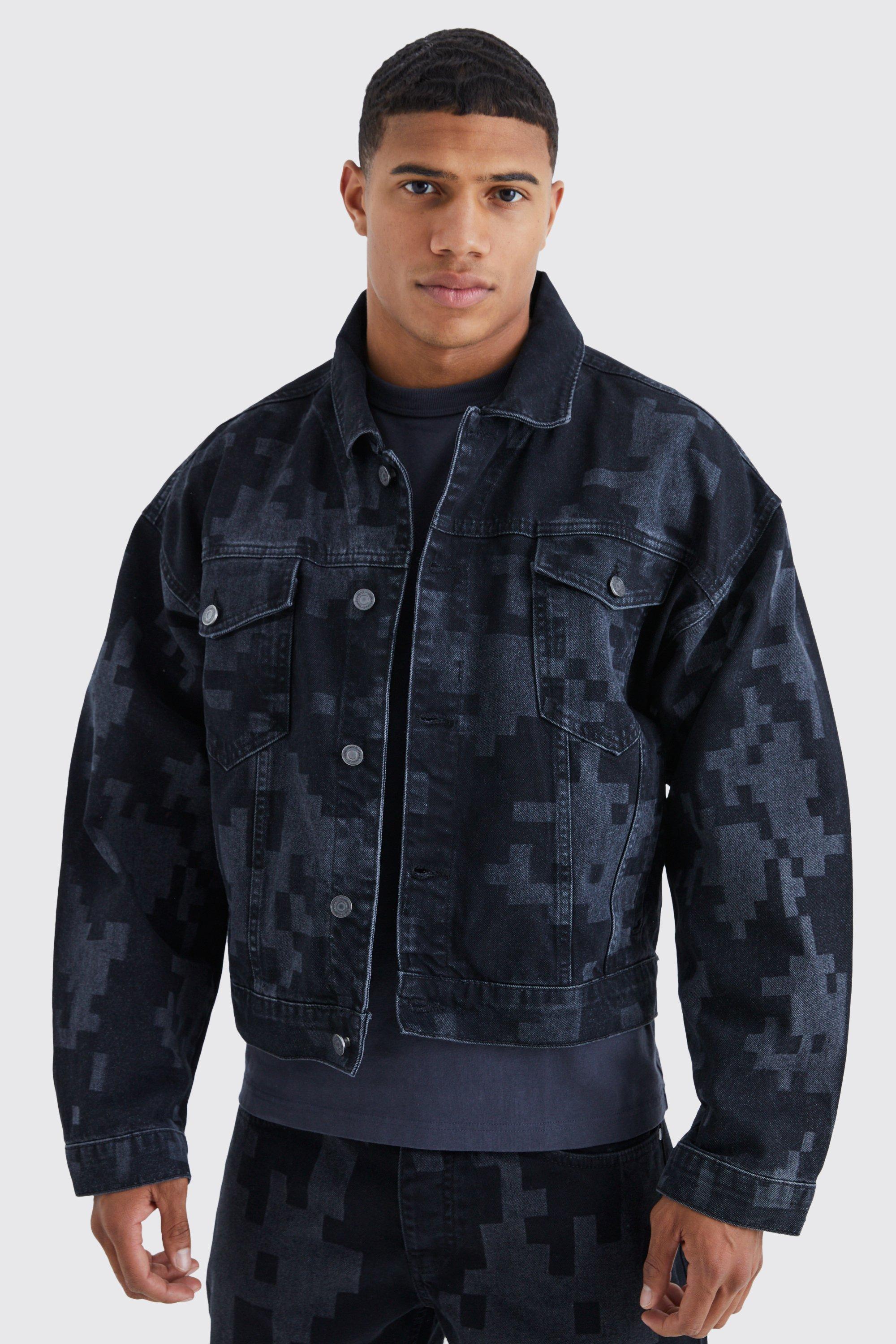 Kastige Camouflage Jeansjacke mit Laser-Print, Washed black