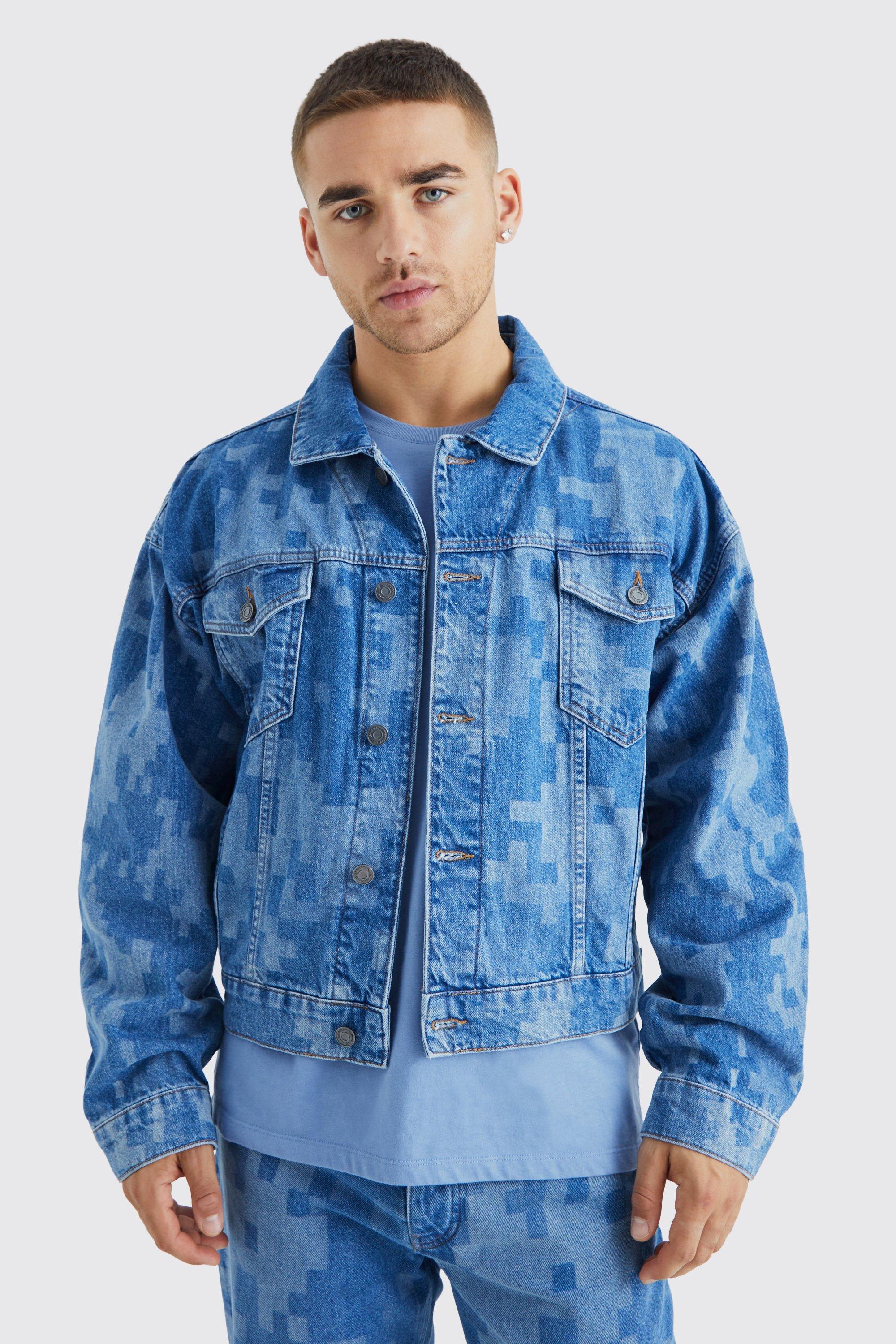 Giacca In Denim Squadrata Con Stampa In Fantasia Militare Al Laser, Mid blue