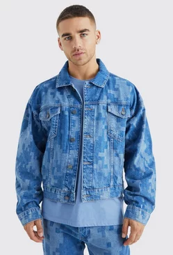 Boxy Fit Camo Laser Print Denim Jacket Mid blue