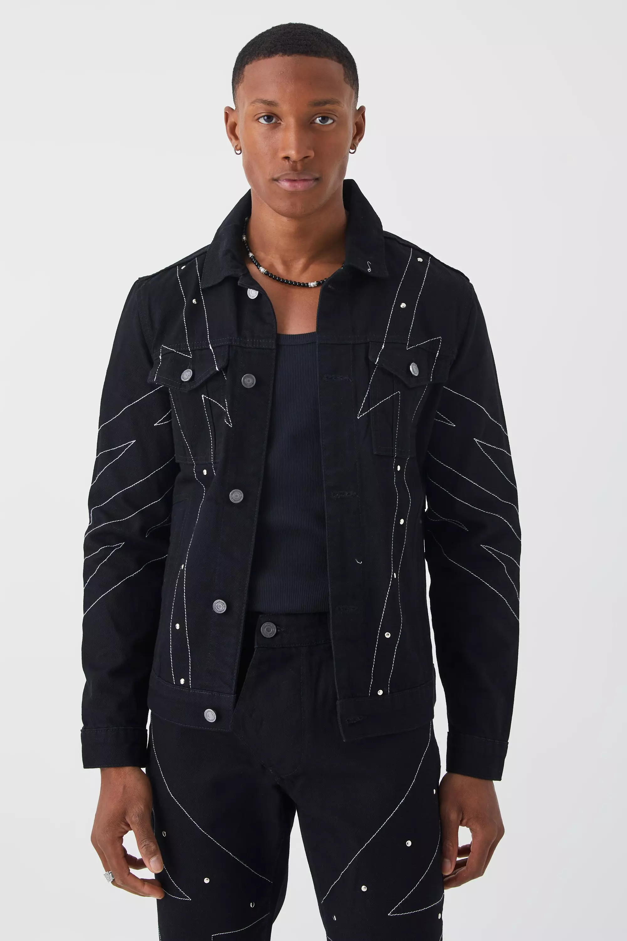True black Spijkerjas Met Studs En Contrasterende Stiksels alternatieve afbeelding