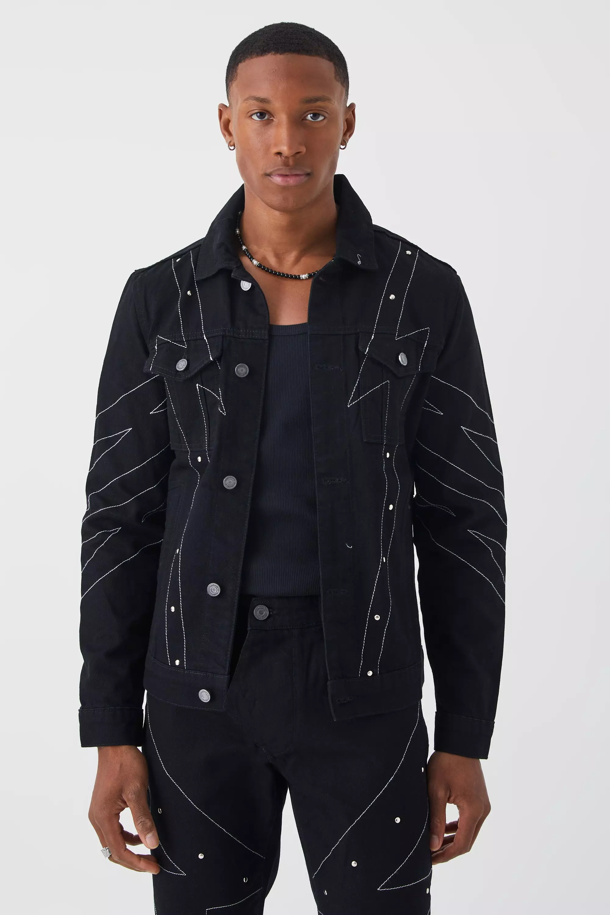 Studded Jean Jackets With Contrast Stitch True black