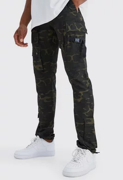 Camo Khaki Elastic Waist Slim Multi Cargo Strap Pants