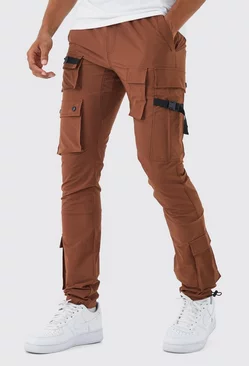 Brown Elastic Waist Slim Multi Cargo Strap Pants