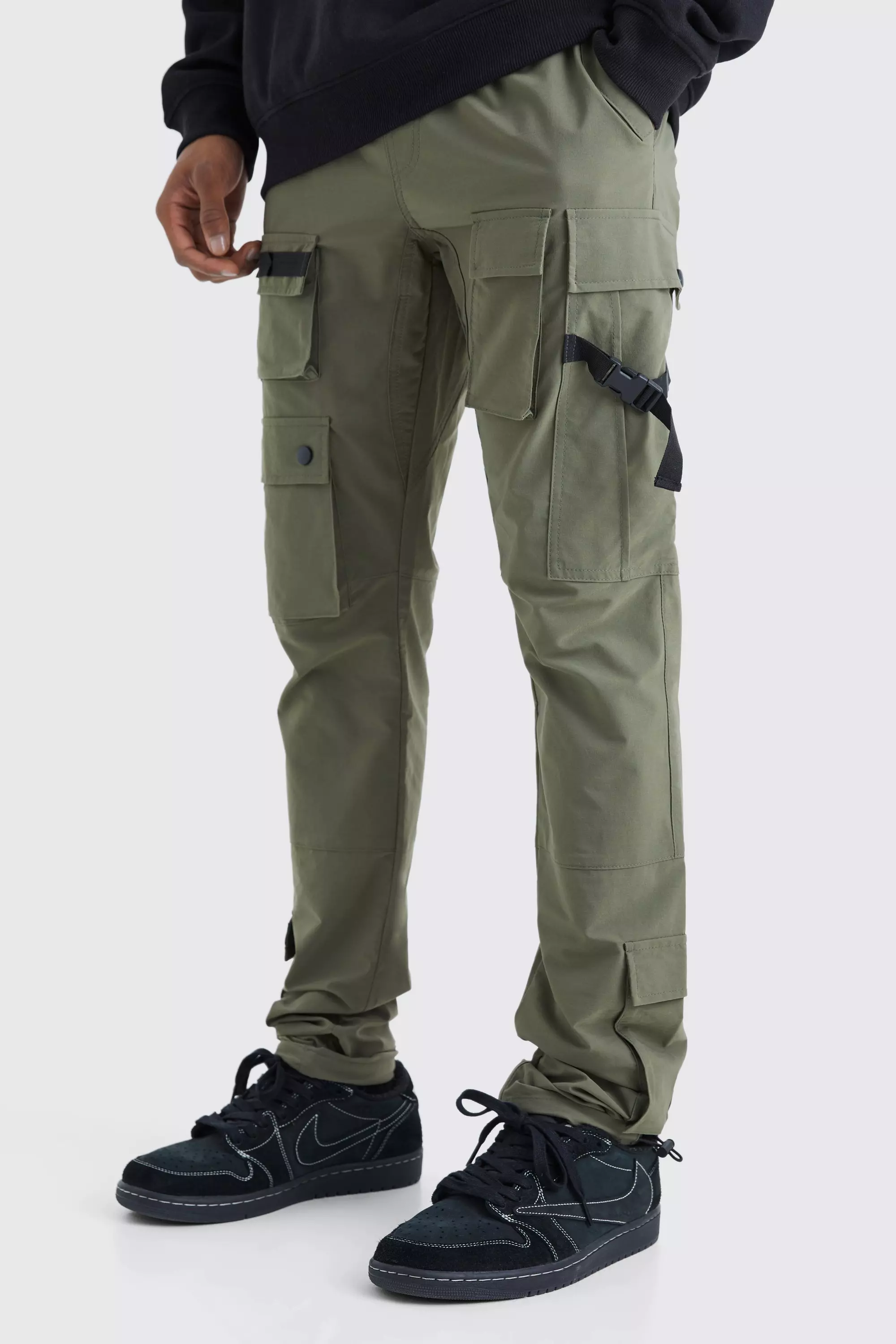 Elasticated Waist Slim Multi Cargo Strap Pants Olive