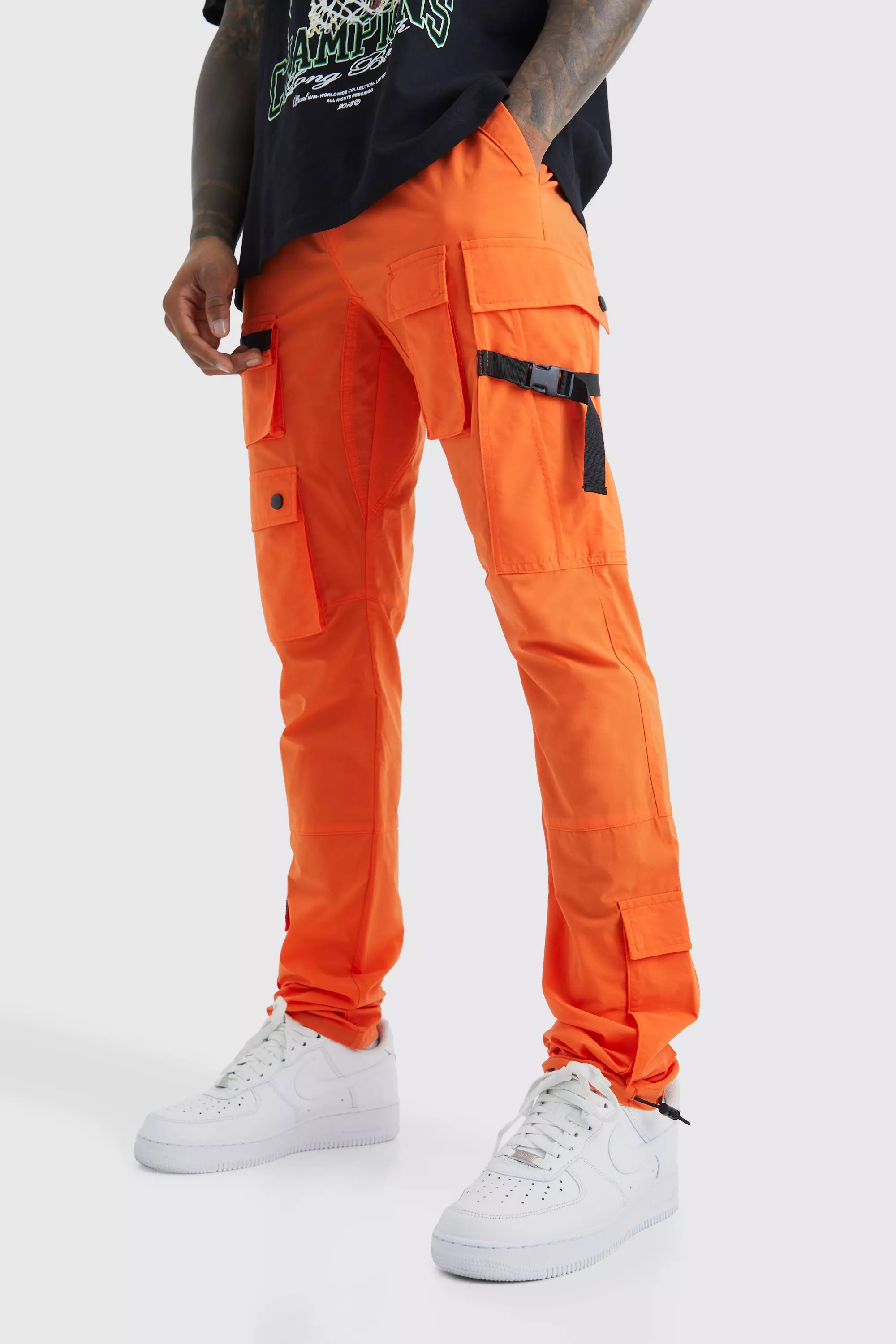 Orange Elastic Waist Slim Multi Cargo Strap Pants