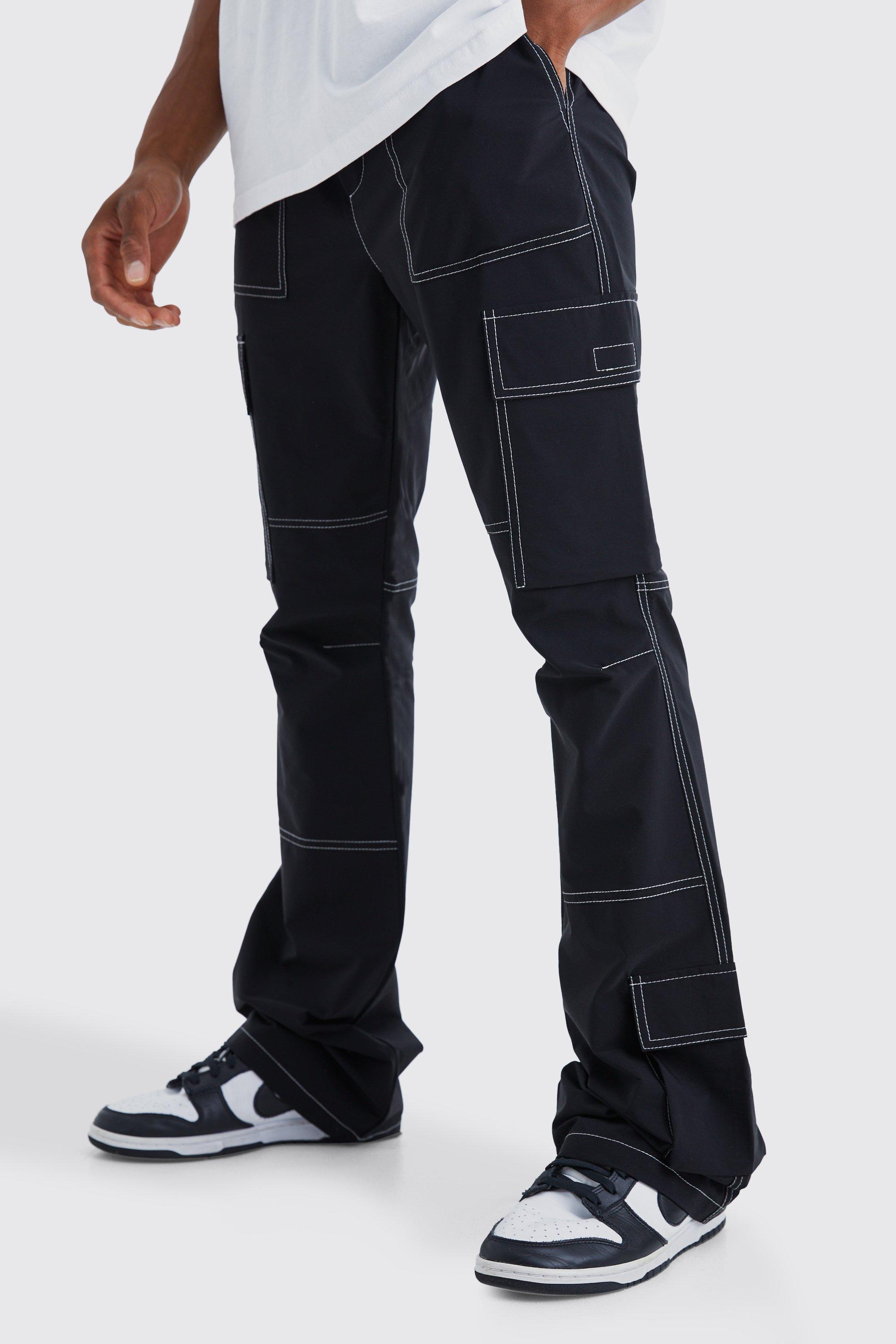 Elastic Waist Slim Flare Contrast Stitch Cargo Pants